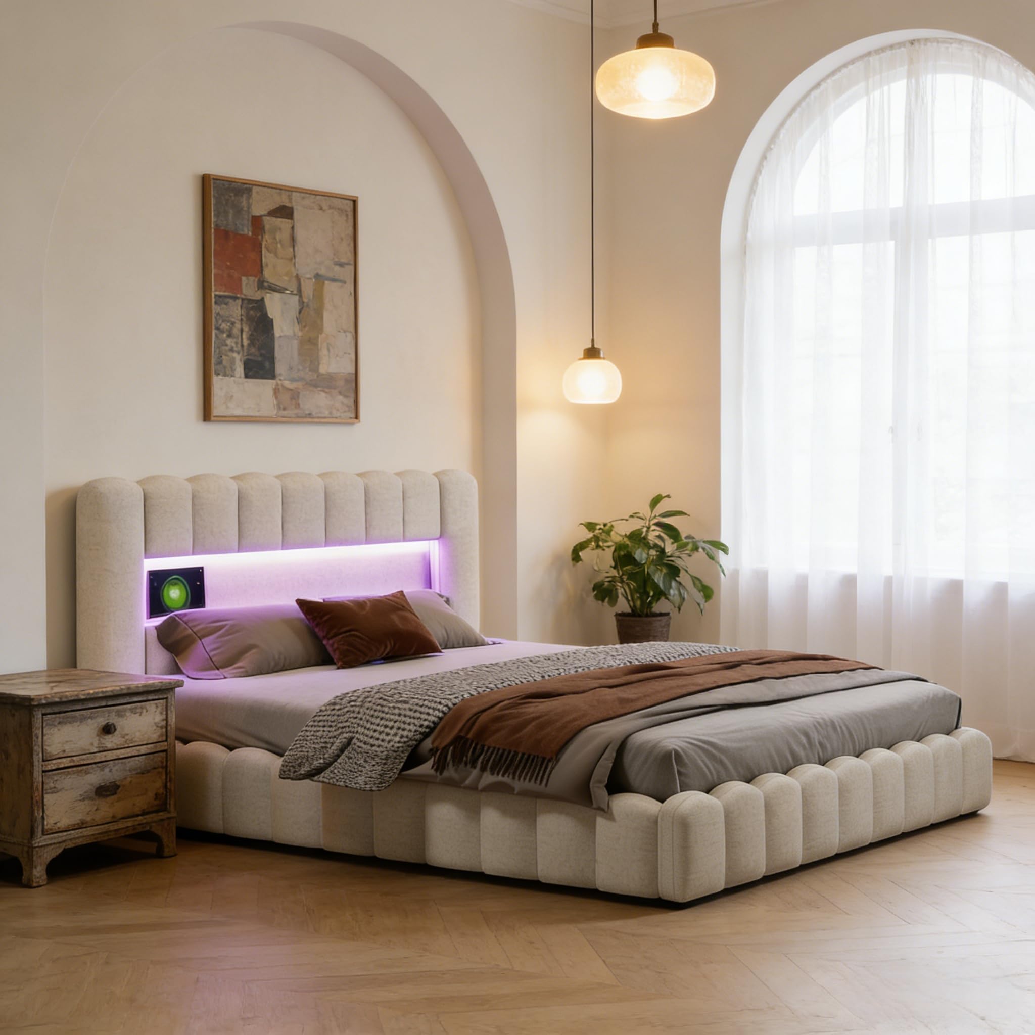 Cama Canapé Abatible 180x200cm con Almacenaje Hidráulico, Cama Matrimonio Tapizada con LED, USB y Tipo C, Cabecero Acolchado con Estante, Somier de Láminas Incluido, Lino Beige, Sin colchón