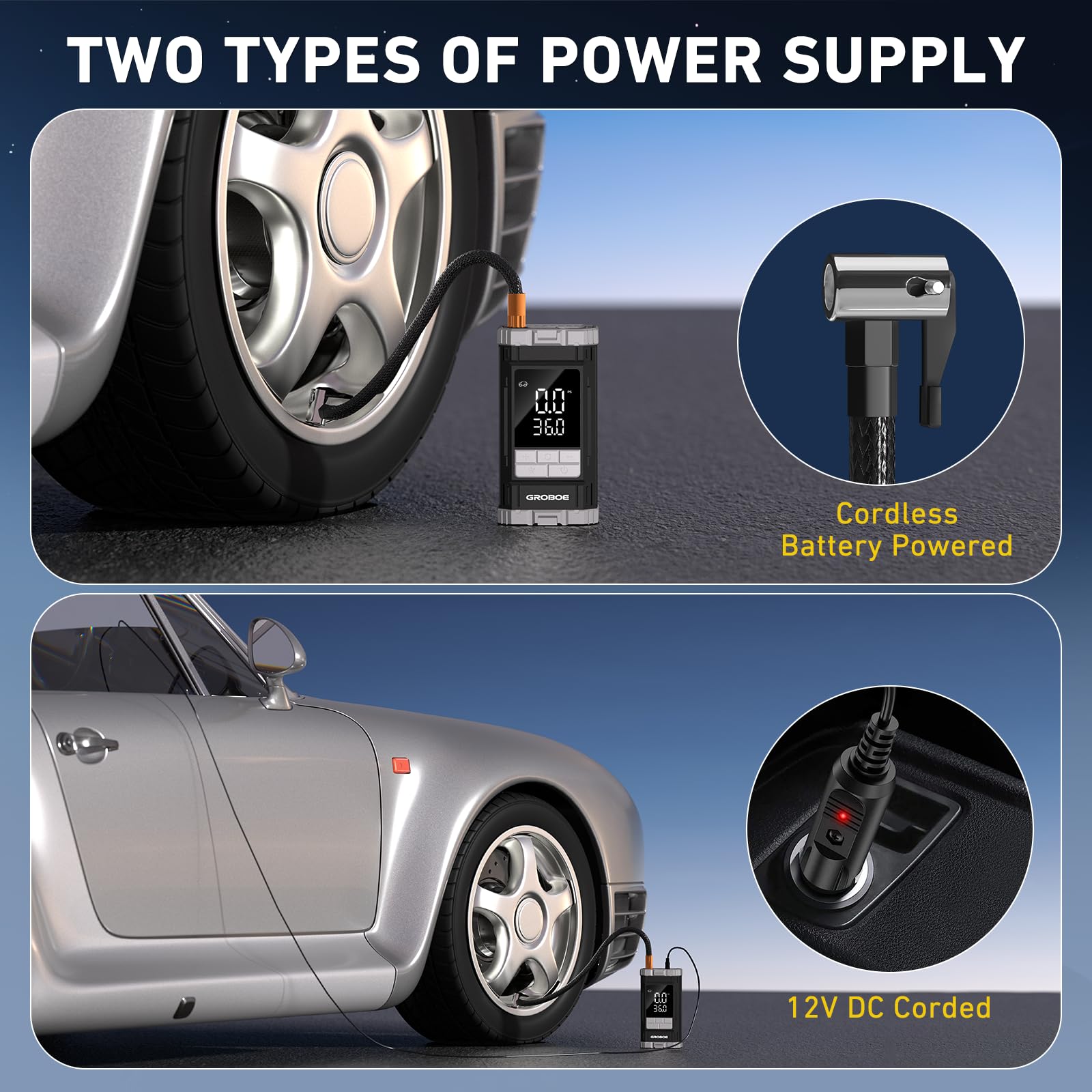 GROBOE Tyre Inflator Air Compressor Portable Car Tyre Pump Cordless Car Air Pump with Digital Pressure Gauge 12V DC 150PSI Rechargeable Electric Bike Pump with Auto Shutoff for Bike Motorcycle Ball - 4