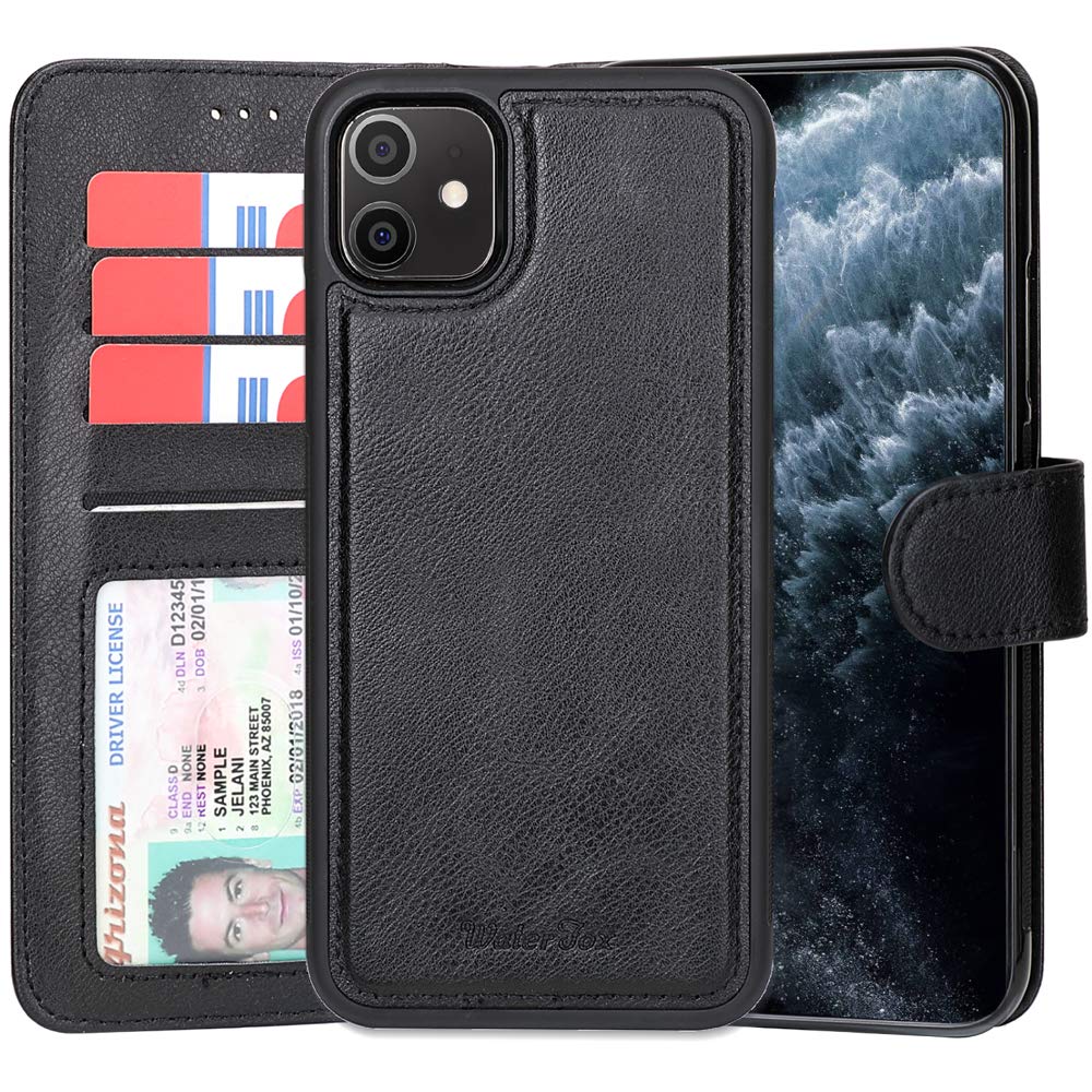 WaterFoxCase for iPhone 11 Leather Case with 2 in 1 Detachable Cover, Women's Embossed Pattern with 4 Card Slots & Wrist Strap Case Black