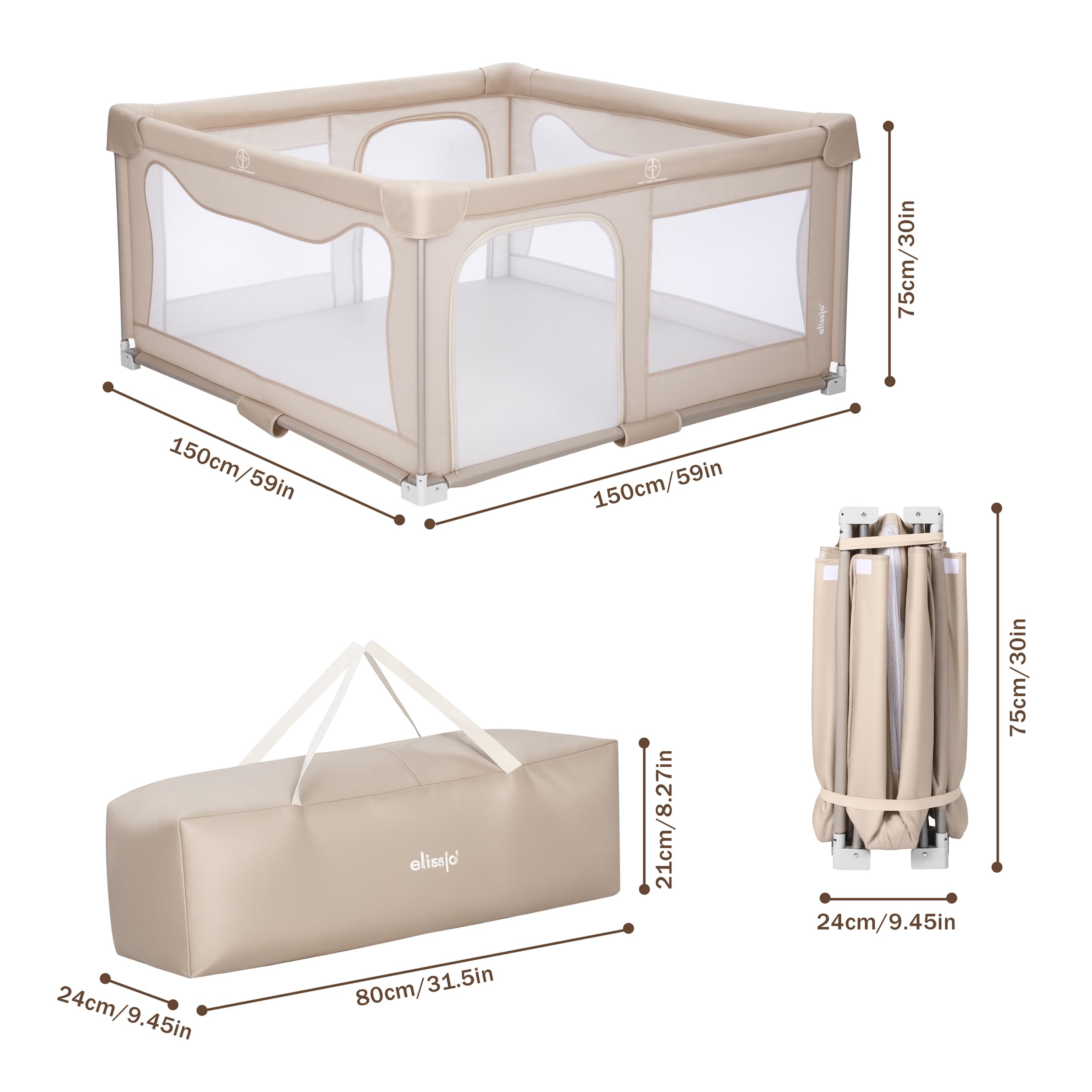 Bodenlaufstall Baby – Faltbarer Laufstall mit taupefarbener Spielmatte & 50 Bällen – Krabbelgitter – Baby Laufgitter – Playpen für Babys – 150 x 150 x 76,5 cm – Beige