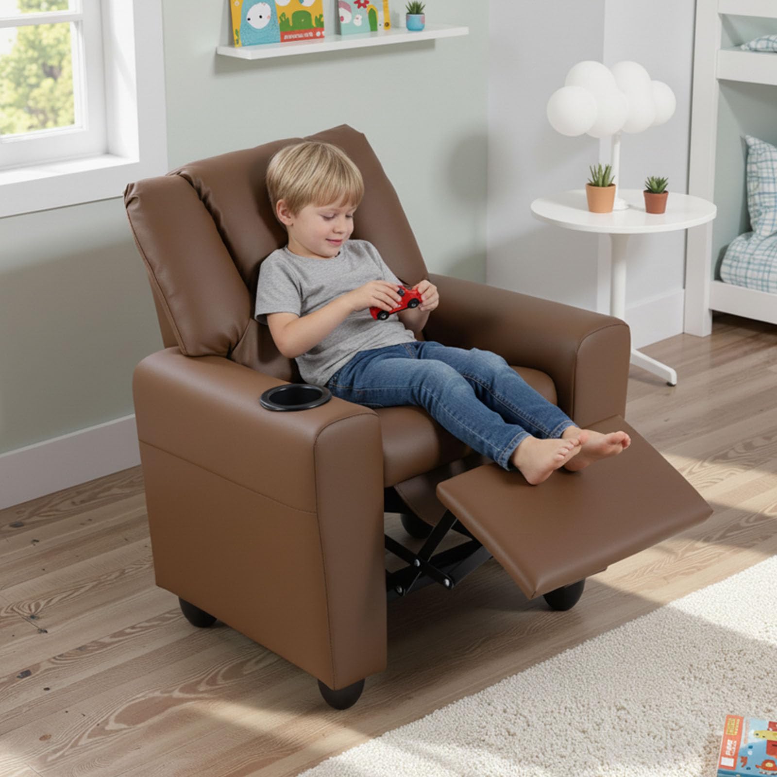 LIFEZEAL Kindersofa, Kindersessel mit Liegefunktion, 2-in-1-Relaxsessel für Kinder, Kindercouch mit Verstellbarer Fußstütze & Getränkehalter, Kleines Sofa für Kinderzimmer, Spielzimmer (Braun)