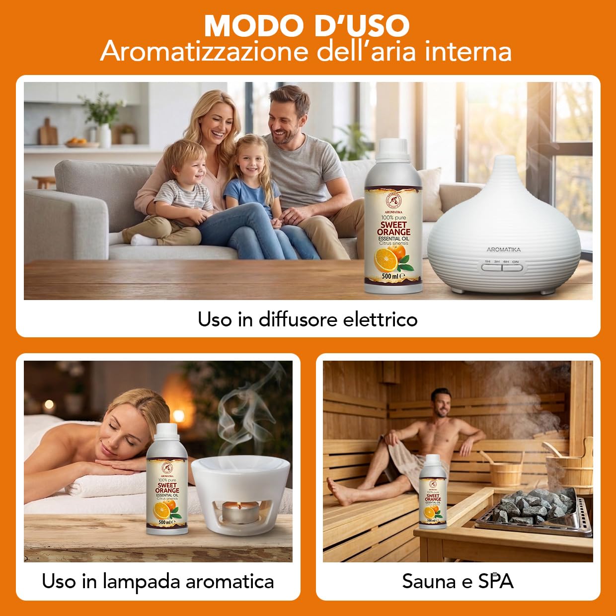 Olio Essenziale di Arancia Dolce 500 ml - Citrus Sinensis - Naturale e Puro - Olio di Arancia per Diffusori - Profumi per la Casa - Saponi e Candele - Sauna - Aroma di Agrumi - Aromaterapia