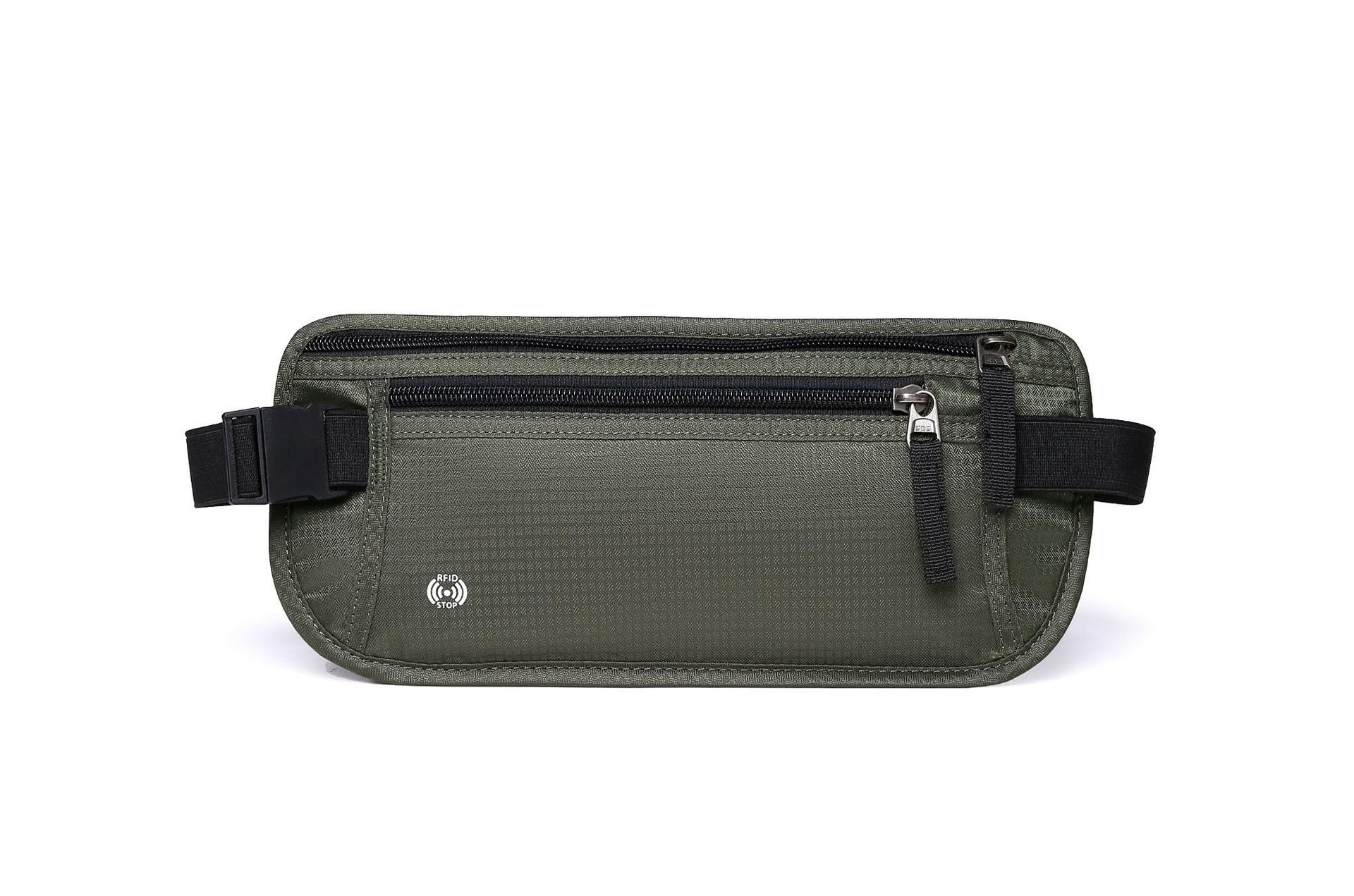 ROUGH FIT Bumbag Waist Bag, RFID-Blocking, Slim Waist Pack with Multiple Zipped Pockets, Unisex Lightweight Casual Waist Bag, Adjustable Belt for Outdoor Workout, Hiking Women and Men (Green)