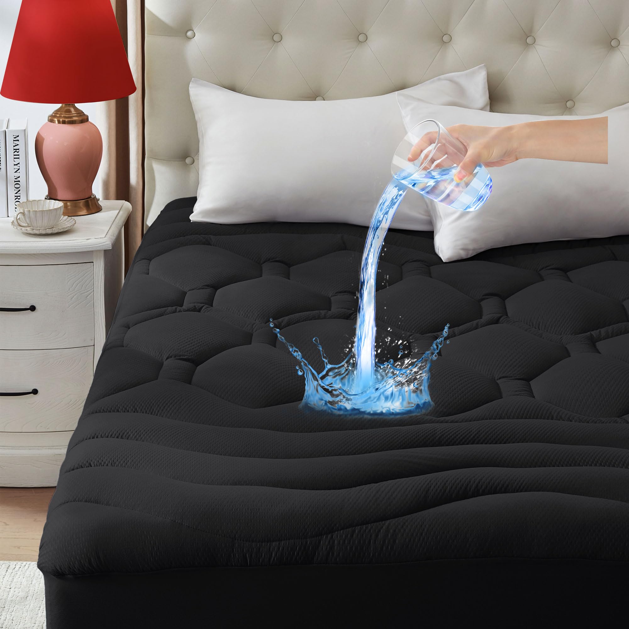 ELVEN HOME Queen - Coprimaterasso impermeabile, morbido e traspirante, per letto matrimoniale, trapuntato, silenzioso, antiscivolo, con tasca profonda, 20,3-53,3 cm, nero