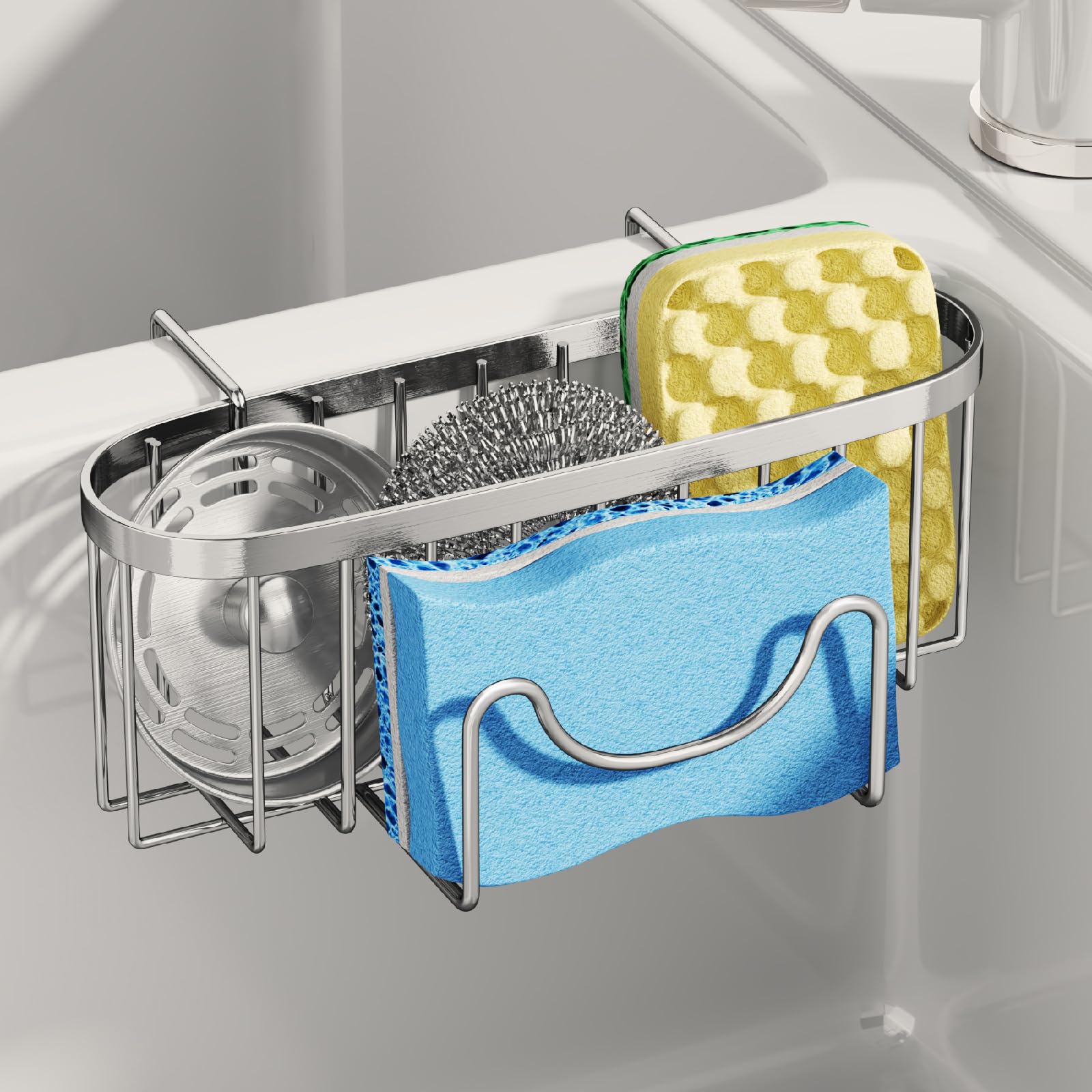 SWTYMIKI Sponge Holder for Kitchen Sink - Movable Kitchen Caddy with M-Shaped Hook, Stainless Steel Hanging Sponge Caddy for Dish Sponge, Brush, Sink Stopper Organiser in Double Bowl Basin