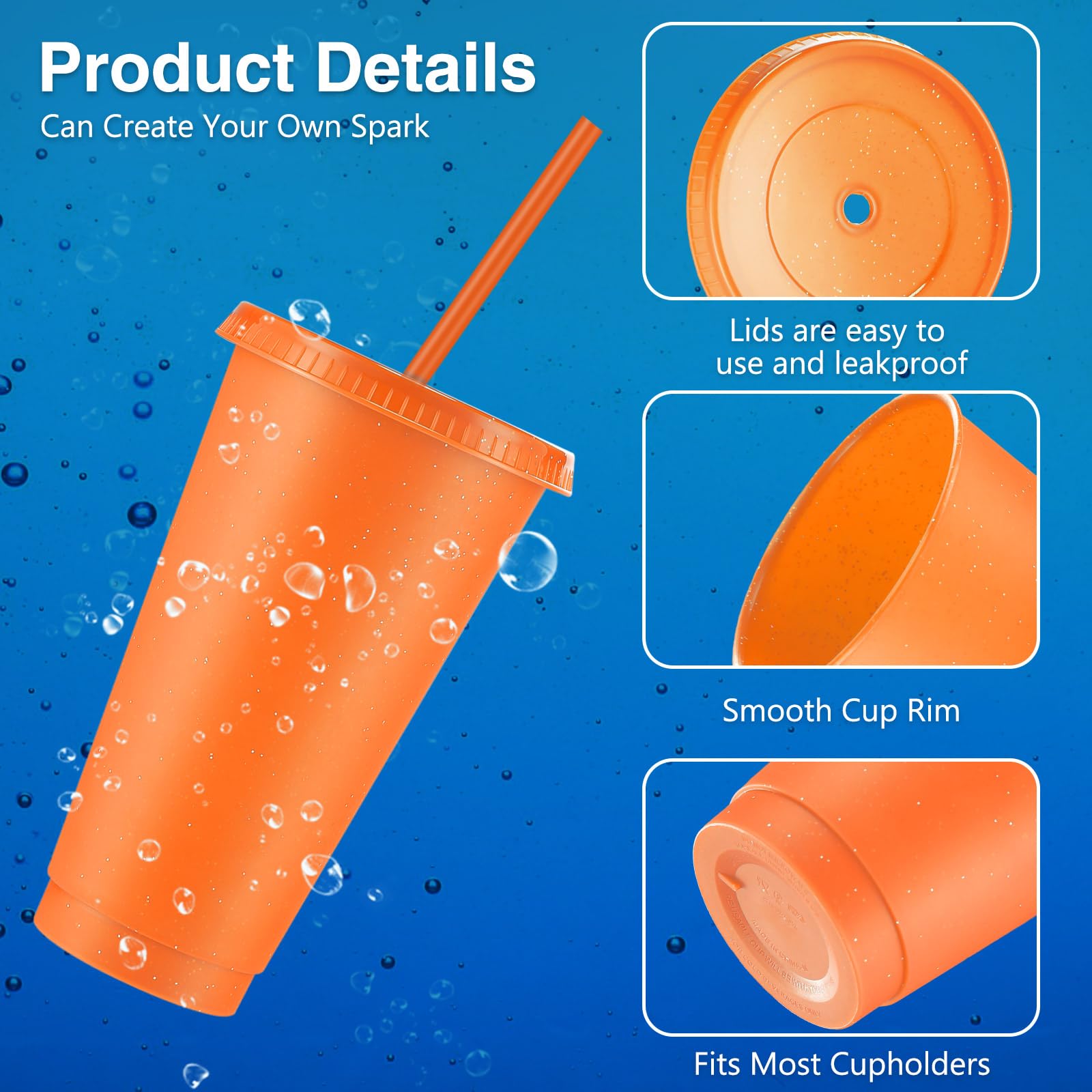 Amyhill 24 bicchieri riutilizzabili con coperchi e cannucce, 680,4 g, bicchieri da caffè ghiacciato glitterati in plastica, tazza da viaggio per frullati, succhi di frutta, feste, compleanni,