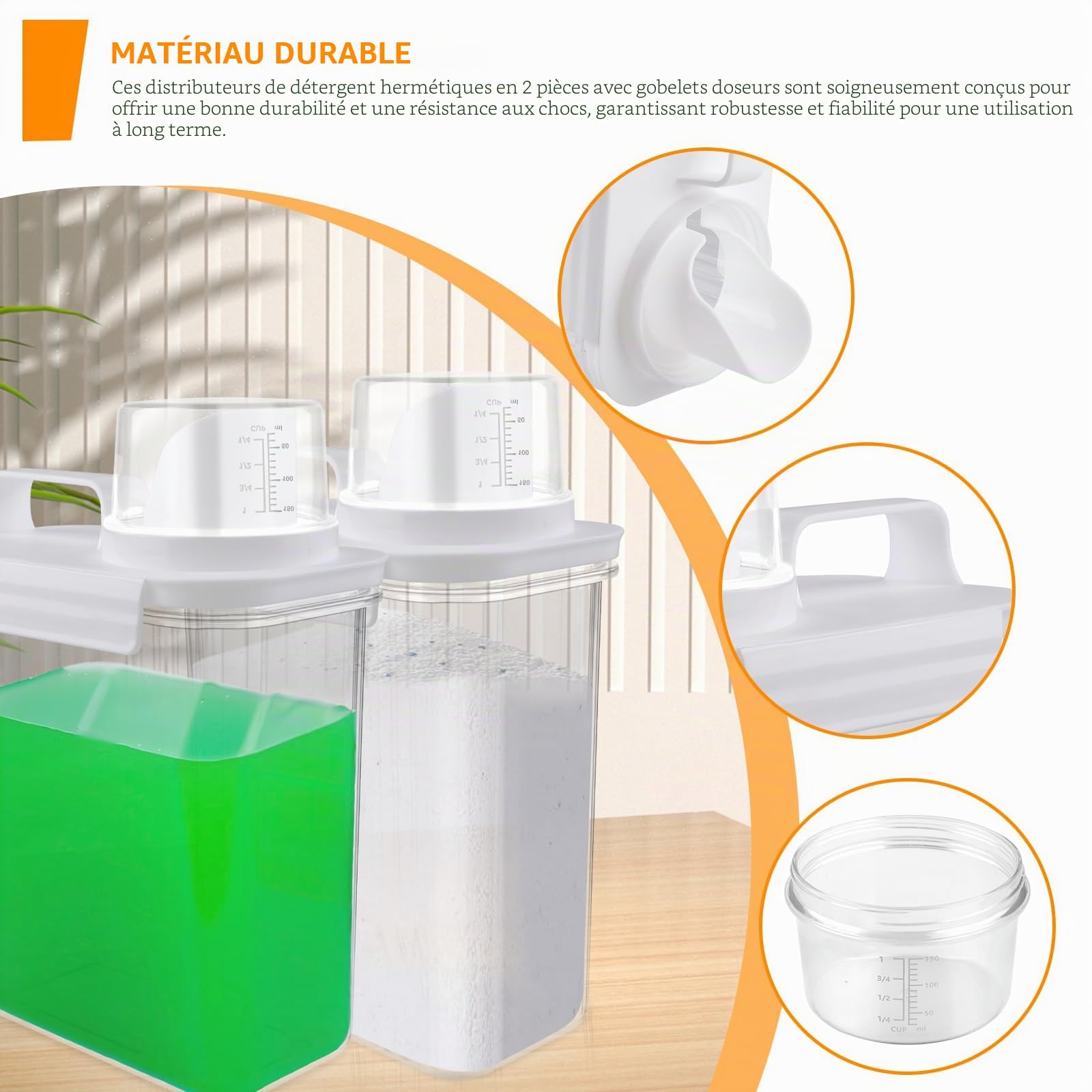 2 Pièces Distributeur de Détergent Hermétique 2000 ml Avec Gobelet Doseur - Boîte de Rangement Multi-Usages Pour Lessive en Poudre