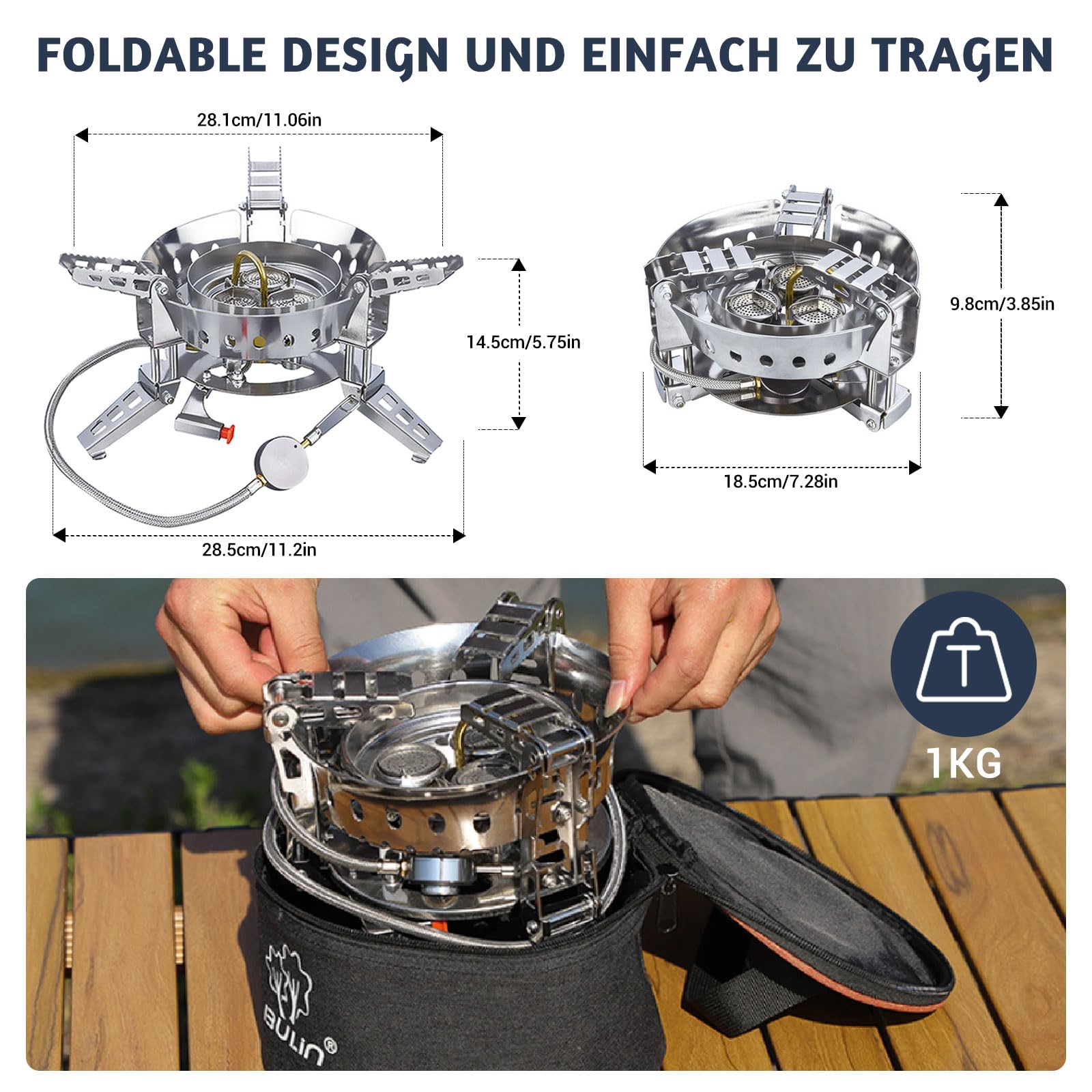 Bulin Kuchenka gazowa, wiatroszczelna, z piezoelektryczną kuchenką kempingową, składana, przenośna, ze stali nierdzewnej, na wędrówki, trekking, piknik