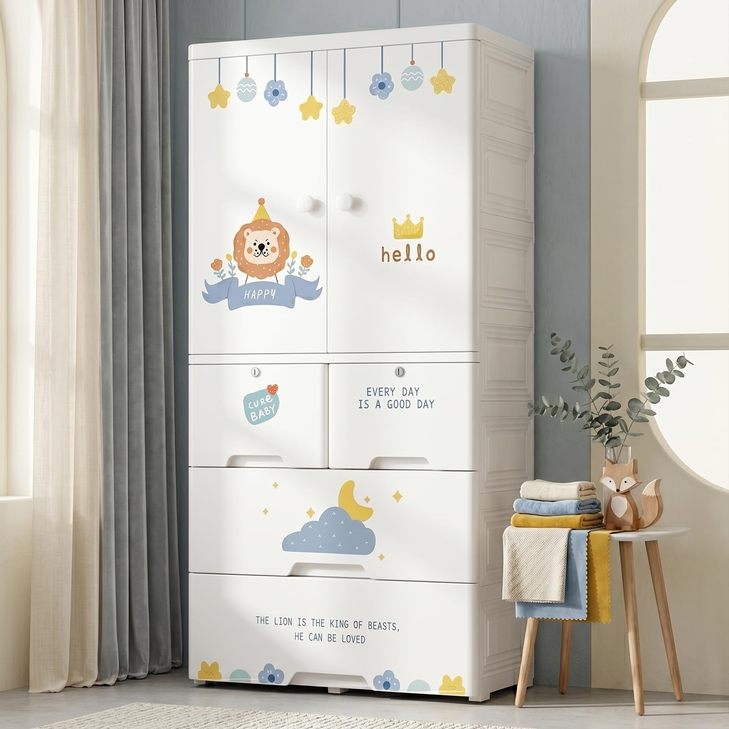 StarAndDaisy Kids Wardrobe/Multifunctional Collapsible Plastic Wardrobe/Almirah for Kids- Storage Cabinet – Dustproof Baby/Wardrobe Organizer for Clothes, Toys -StarLion-image-5