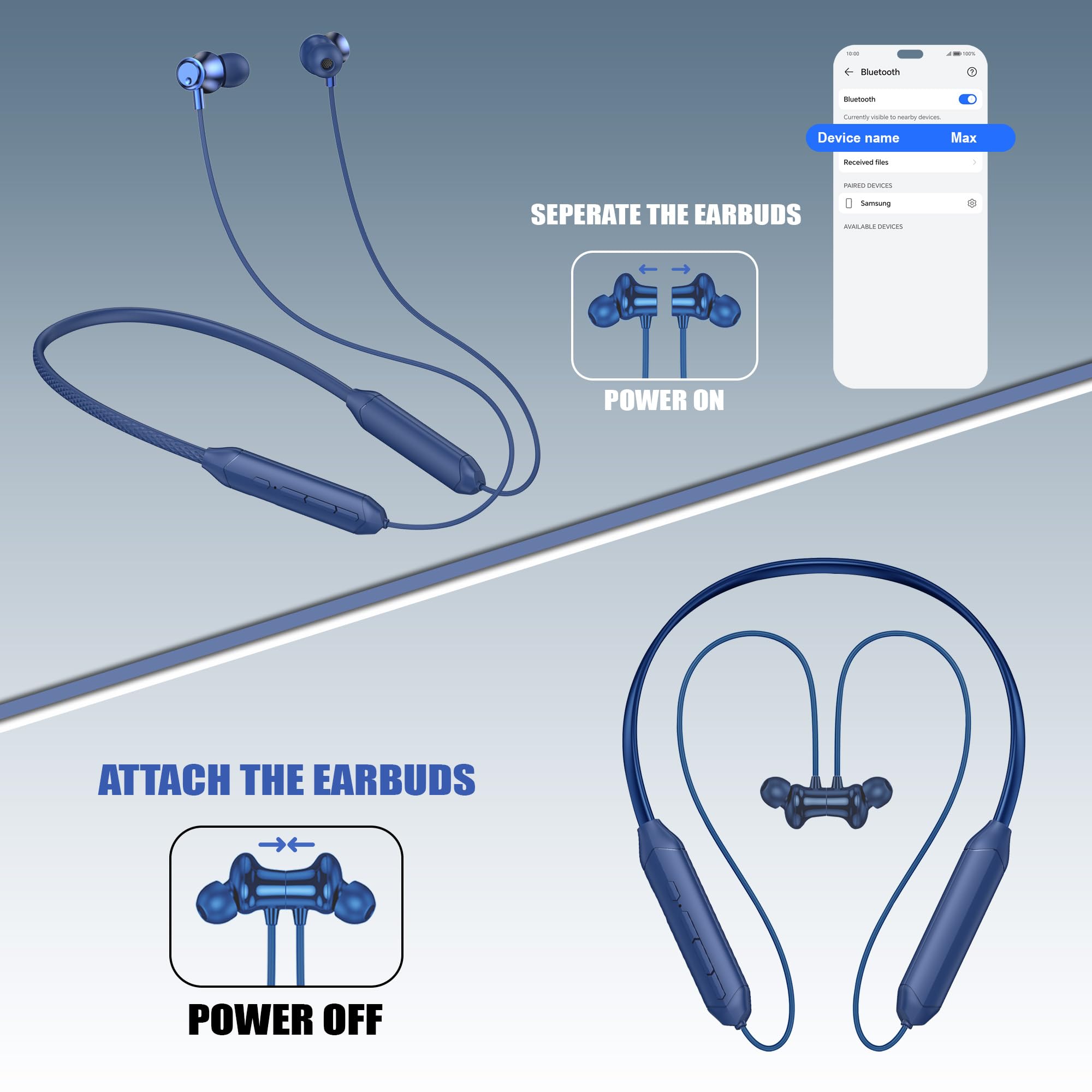Kratos Blue Bluetooth Neckband with 55H Playtime, Deep Bass, Stereo Sound, HD Calls, Magnetic Earbuds, Voice Assistant, Type-C Fast Charging, Rich Audio, Hollow Switch for Comfort & Style — Amazon image 3