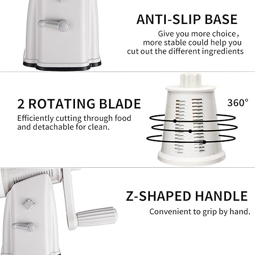 Miniatura 5 de Rallador rotativo de queso mejorado con asa, base de succión fuerte, rebanador giratorio multiusos con 5 cuchillas intercambiables para hielo,