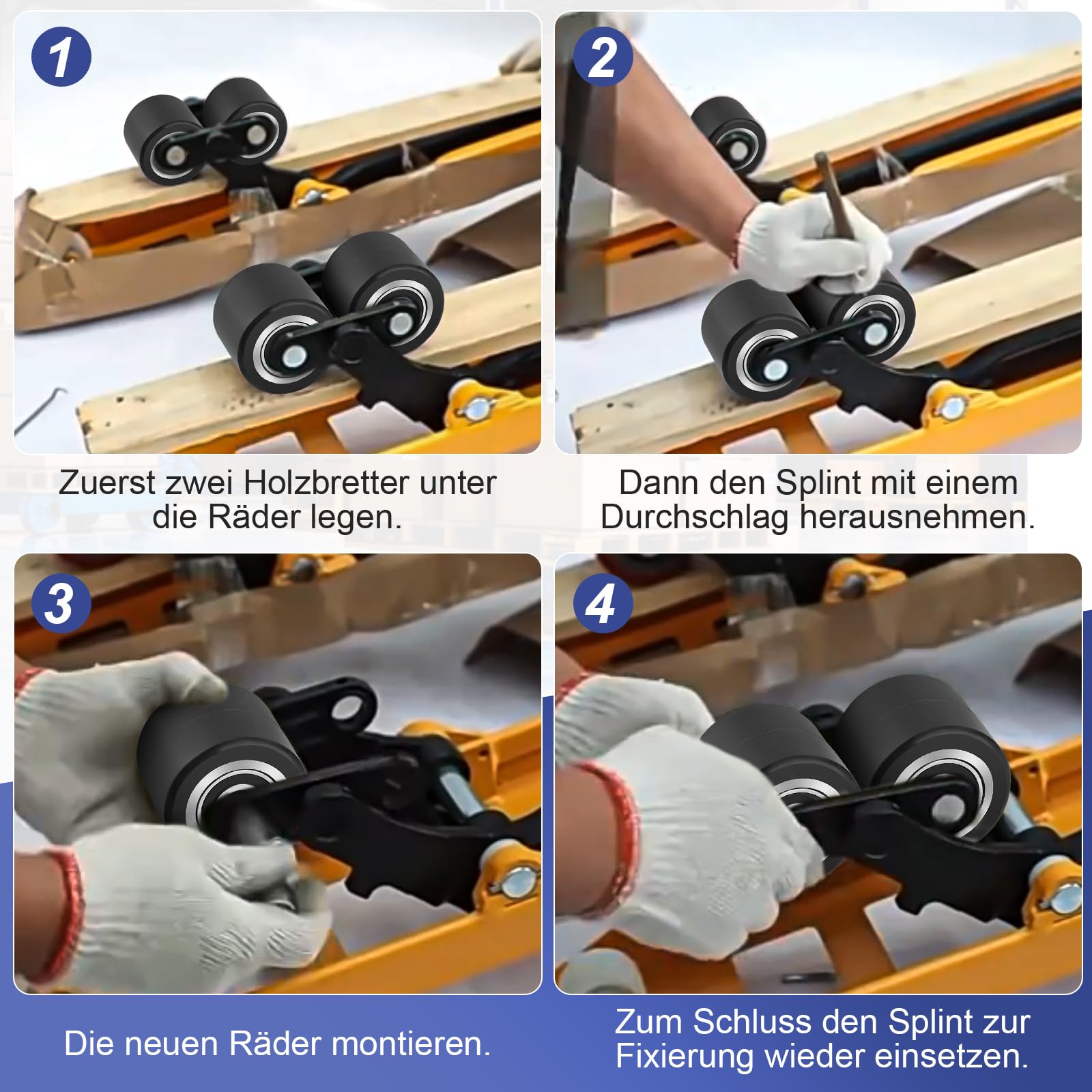 Satz mit 4 Hubwagenräder Gummi 80x70mm mit Kugellager, Hubwagenrolle Gummirollen Achse 20 mm für Palettenhubwagen, Maximale Belastung: 600 KG