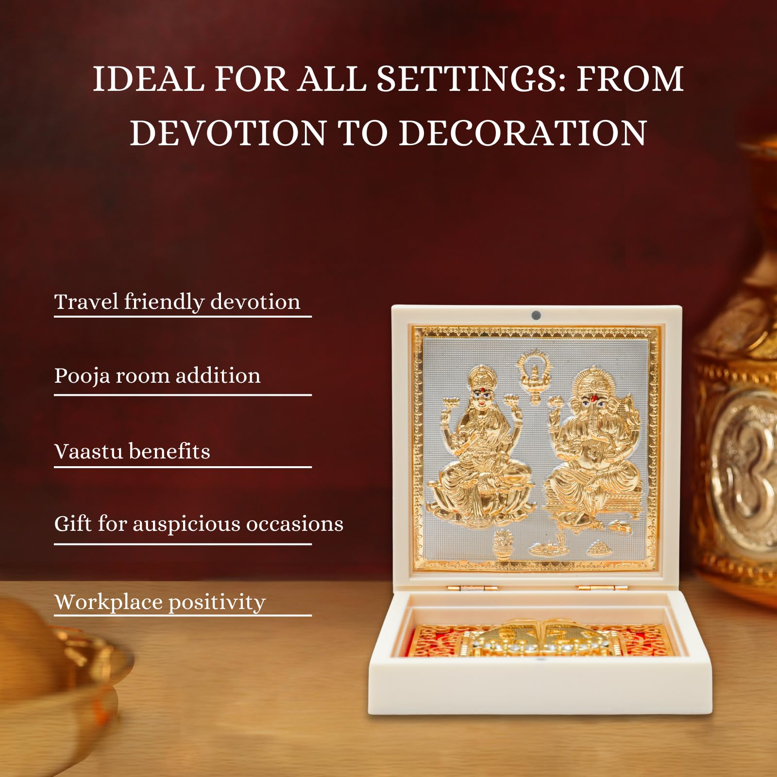 House Of Wemy Gold Plated Laxmi Ganesh Pocket Temple Box for Pooja Room | Lakshmi-Ganesha Divine Pooja Boxes With Photo Frame & Charan Paduka | Diwali Gift & Home Decor - White - 4.5 Inches -Pack of 1 - Image 3 thumbnail