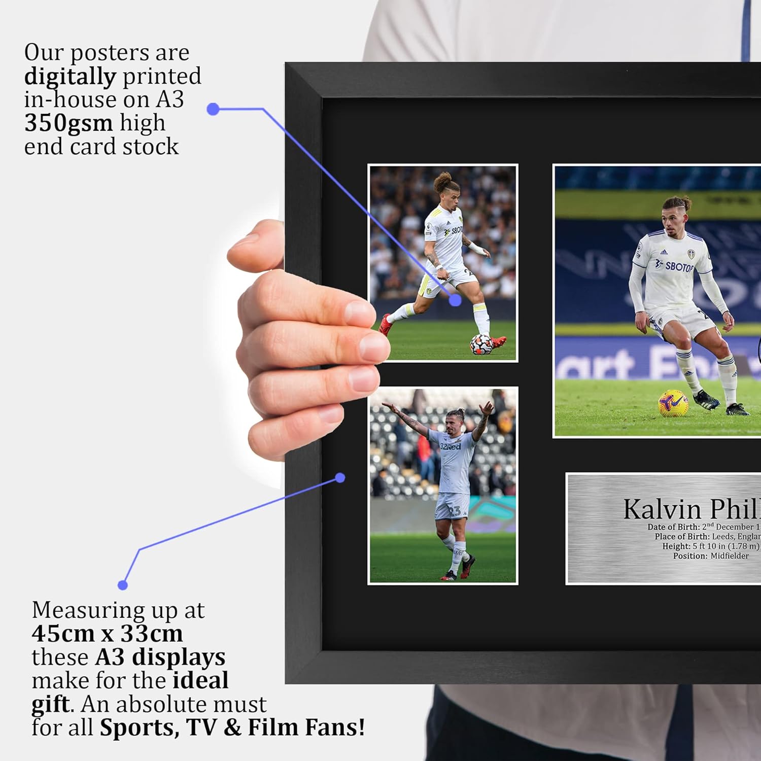 HWC Trading Kalvin Phillips Leeds United 16 x 12 inch (A3) Printed Gifts Signed Autograph Picture for Football Fans and Supporters - 16" x 12" Framed