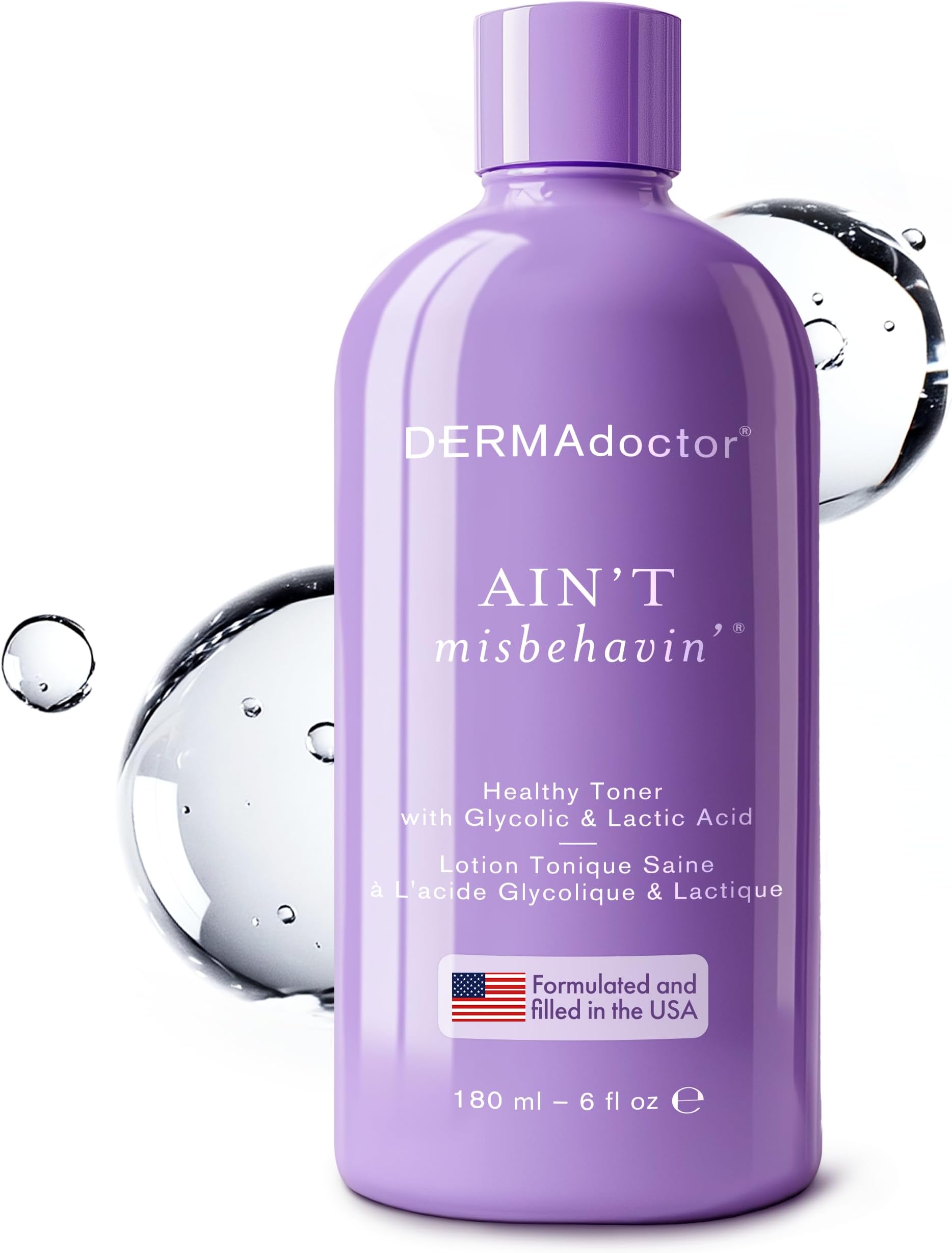 Ain't Misbehavin' Dermatologist Formulated Clarifying and Hydrating Toner with Glycolic Acid & Lactic Acid; For Oily and Acne Prone Skin, Pore Minimizer for Face and Body - 6 fl oz