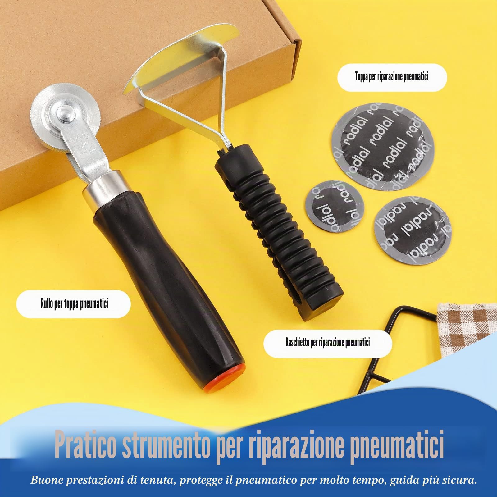 Glarks Kit di 25 pezzi per riparazione pneumatici che include rullo per toppe pneumatici, raschietto per rivestimento interno pneumatici e toppe rotonde in gomma naturale per forature pneumatici