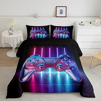 Feelyou Games Bedding Set Teens Boys Neon Gaming Comforter Set Kids Twin Size Gamer Home Decor Comforter Video Game Controller Quilted Duvet Set 2 Piece 1 Comforter with 1 Pillowcase Soft Warm