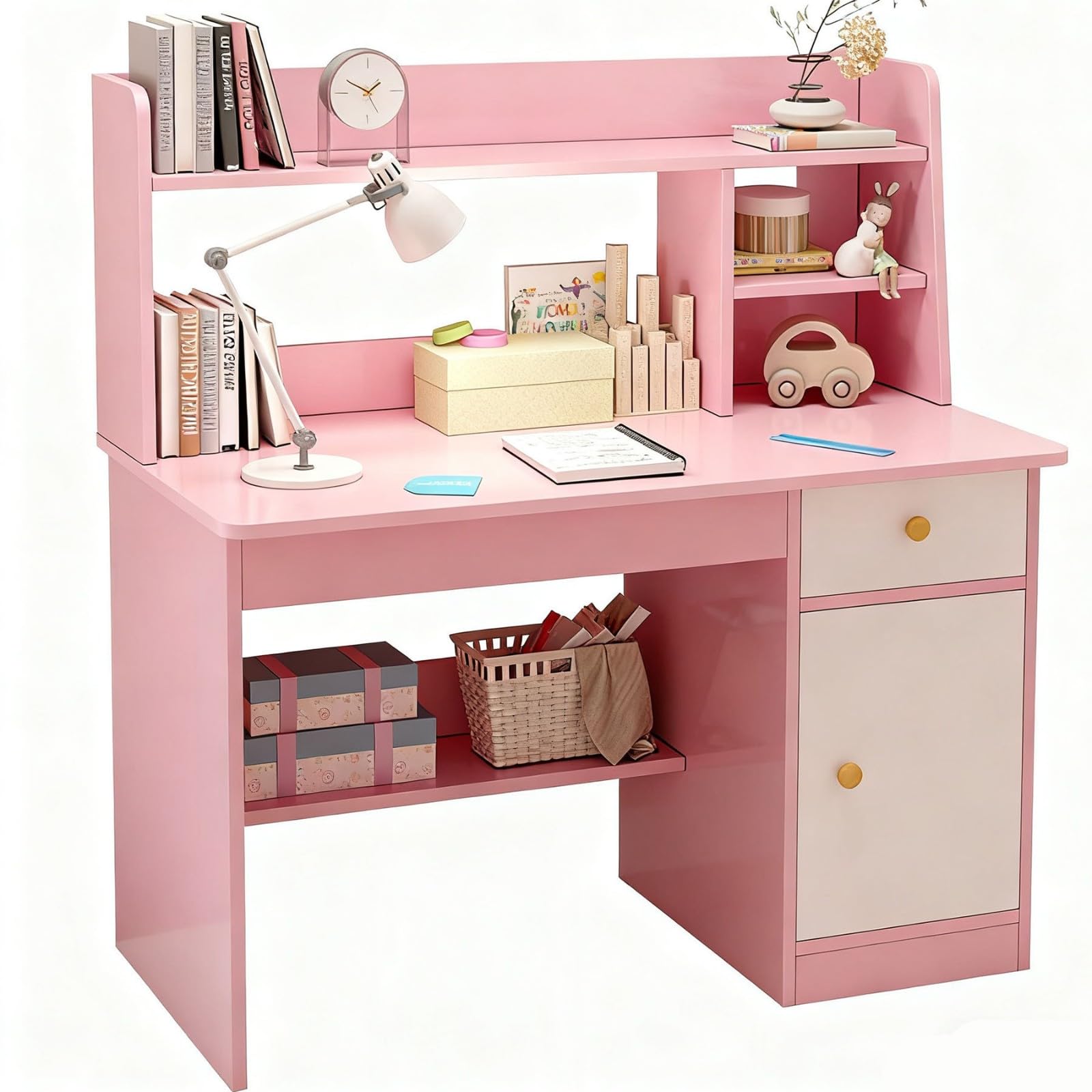 Scrivania In Legno con Ripiani Armadietto Cassetto Tavolo Scrivania per Bambini 3-12 Anni Banco Scuola per Ragazzi In Legno per Cameretta Sala Studio A