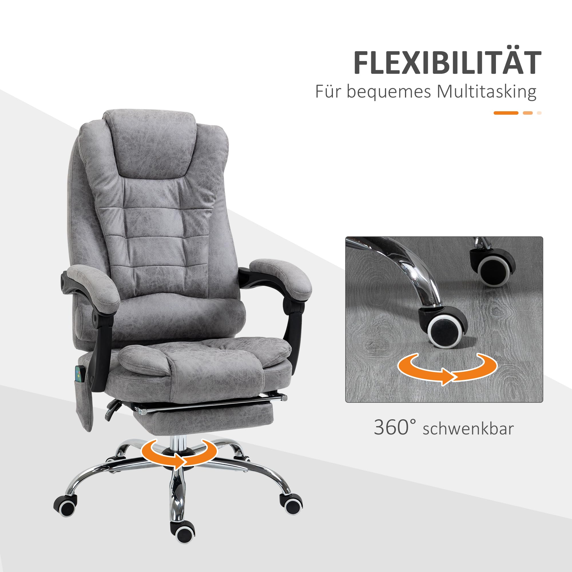 Vinsetto Bürostuhl mit Massagefunktion, Ergonomisch Schreibtischstuhl mit Liege- & Wärmefunktion, Fußstütze, Höhenverstellbar Computerstuhl mit Seitentasche und Fernbedienung, Mikrofaser, Grau