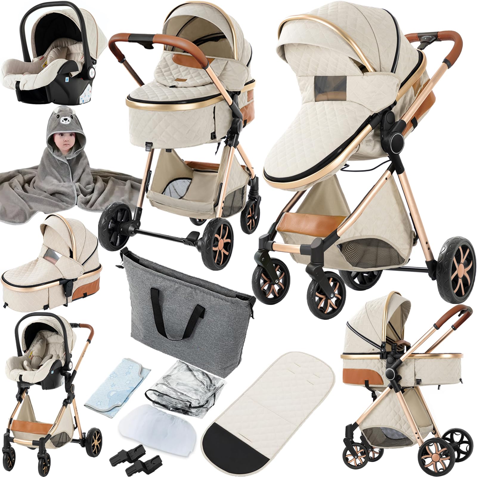 Poussette 3 en 1, Poussette avec Réversible Deux Façons de Pousser, Pousette 3 en 1 avec Alliage d'aluminium à Cadre, Poussette Canne avec Conception Pliable en Un Clic (225 Creamy White)