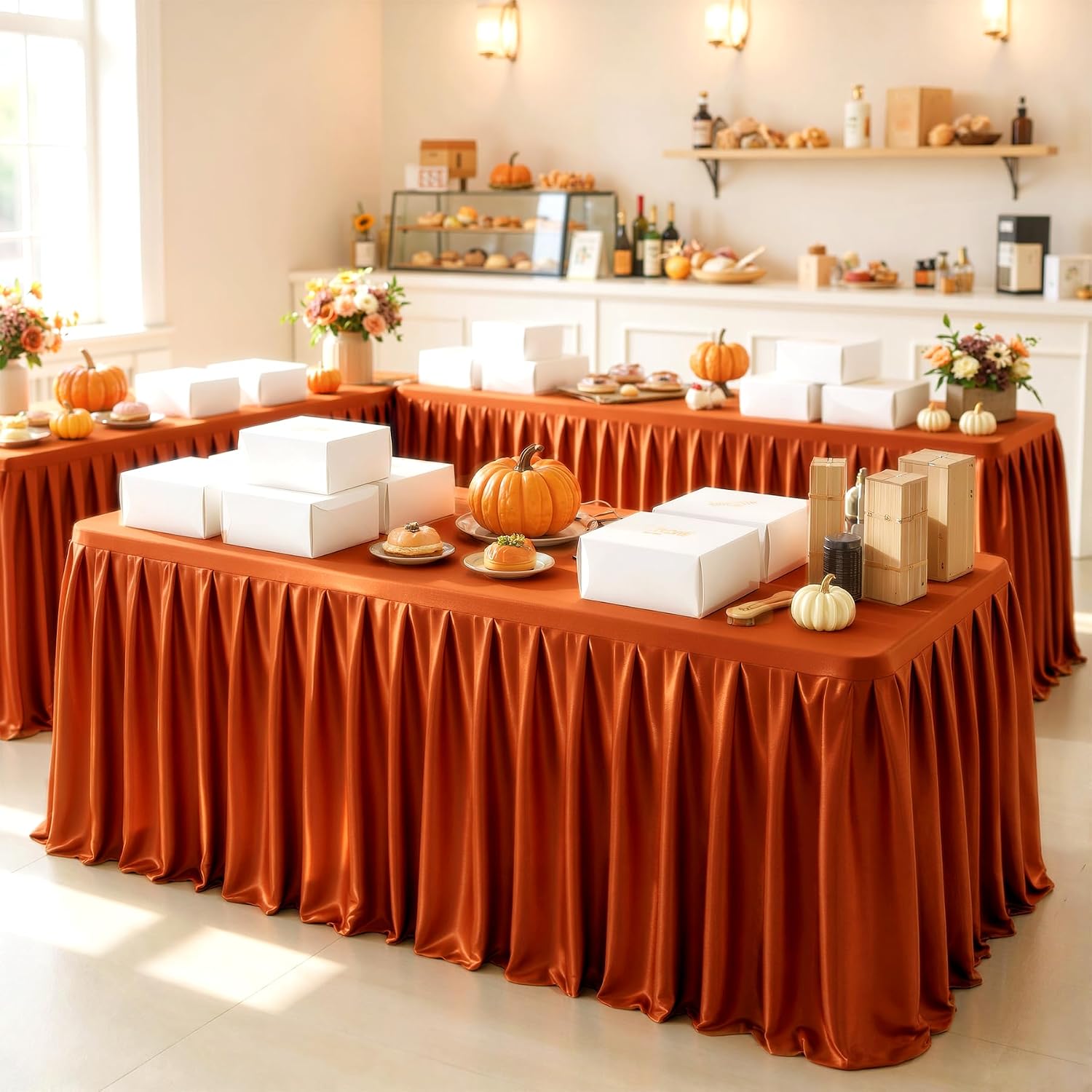 6ft Caramel Satin Tablecloths for Rectangle Table Shiny Spandex Table Cover image 3