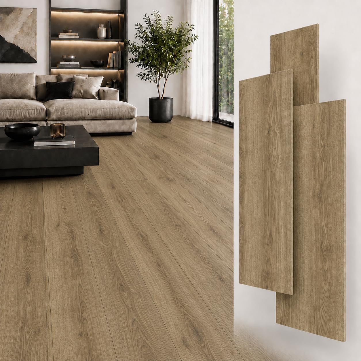 SPC - Pavimento in vinile Klick, 5 mm, 10 assi da 2,25 m², 122 x 18,4 cm, impermeabile, con base IXPE da 1 mm integrato (marrone chiaro, scatola 2,25 m²)