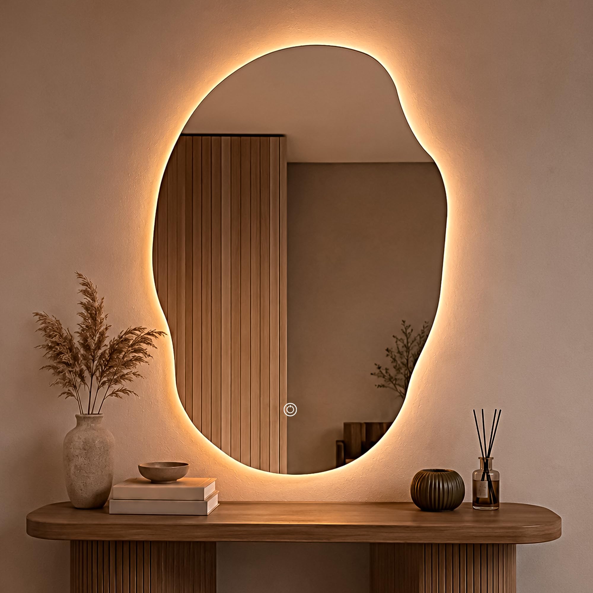 Espejo LED con Antivaho y Control Táctil, 50 x 70 cm (Irregular) | Luz Cálida, Neutra y Fría, Brillo Regulable, Memoria, Apto para Ambientes Húmedos, Enchufe y Tornillos Incluidos