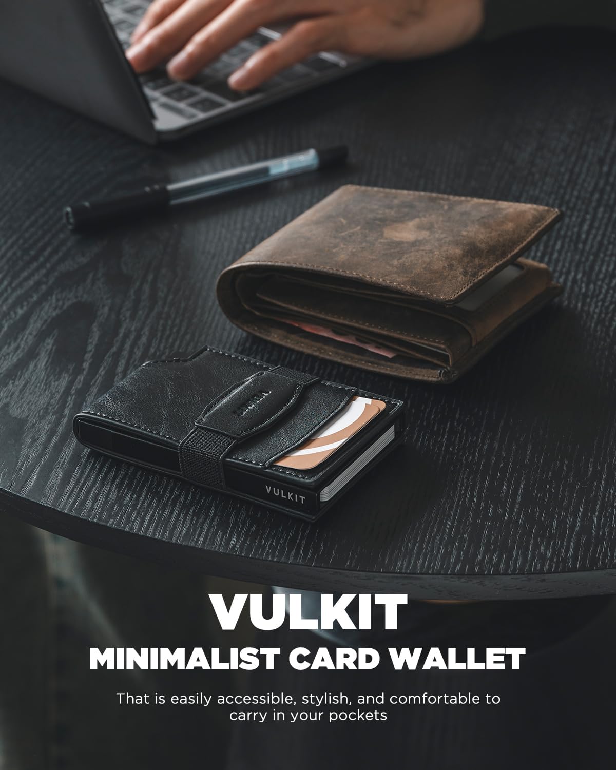 VULKIT Pop up Card Wallet with Money Strap Leather Front Pocket Card Holder with ID Window RFID Blocking Business Card Case for Men (Black) - Image 5