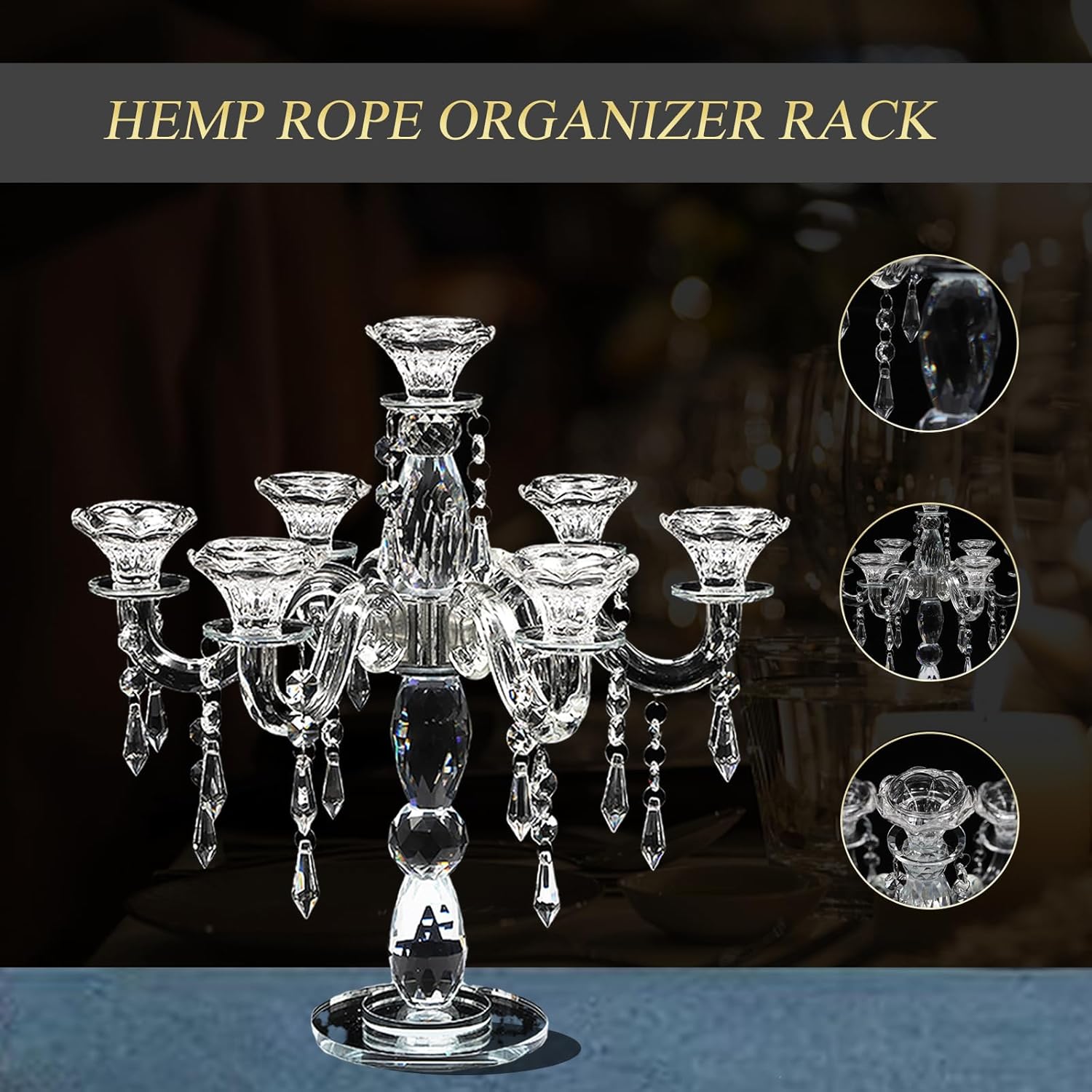 7-Arm Crystal Candelabra with Crystal Pendant, 14'' High-Hardness Glass Candle Holder with Stable Round Base, Elegant Flower-Shaped European Candelabra Centerpiece for Wedding, Party, Home Decor
