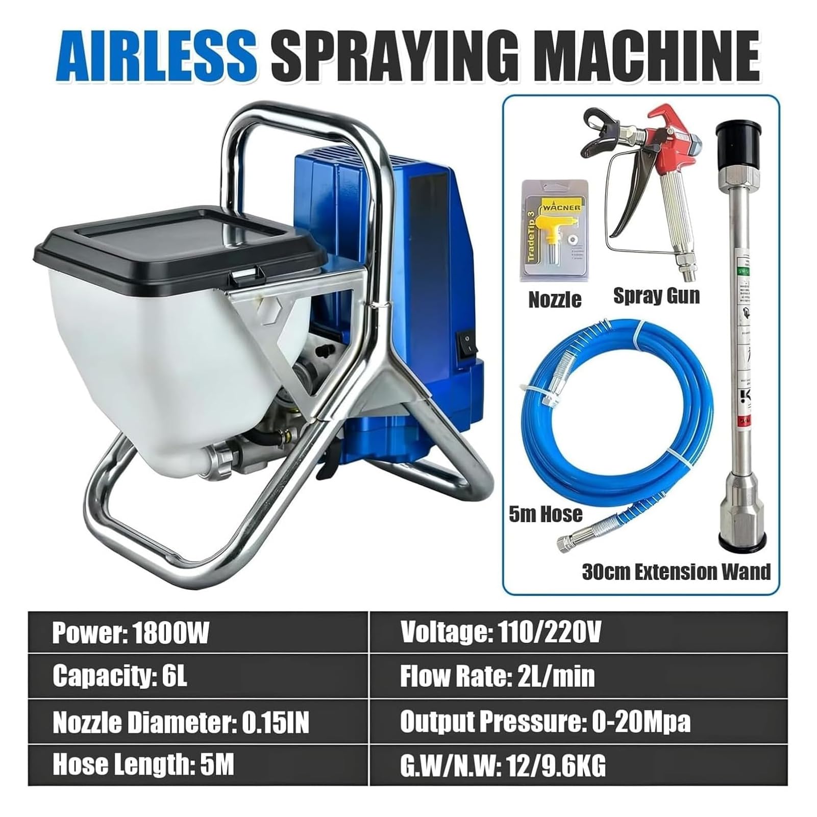 Zestaw opryskiwaczy Airless 1800 W, wysokociśnieniowy pistolet elektryczny, przepływ 2 l/min z regulowanym ciśnieniem, wąż 5 M do mebli/ogrodzeń/domu/wewnątrz i na zewnątrz