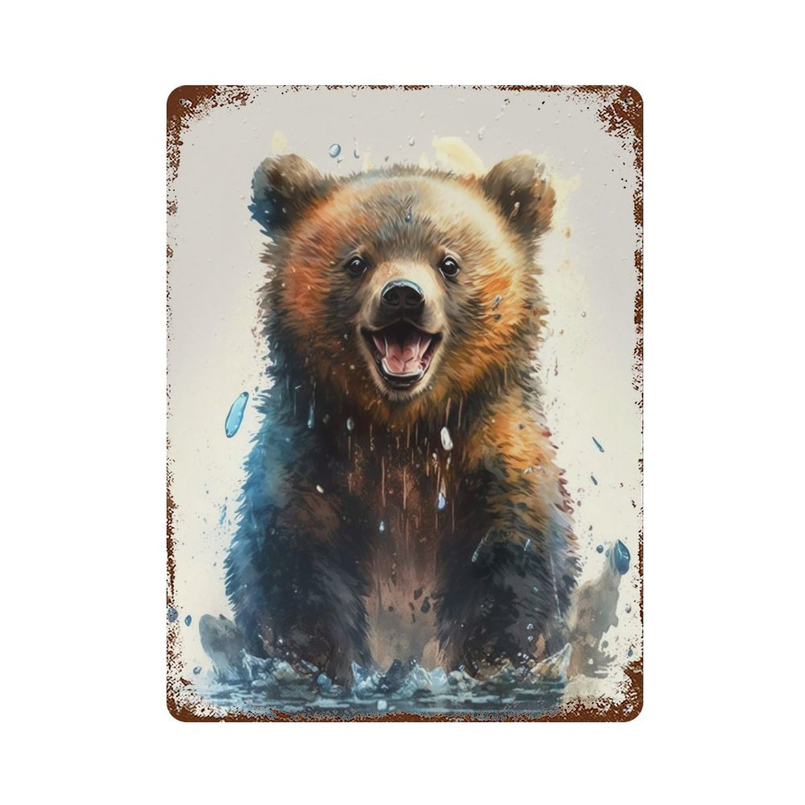 Vintage Rust Metal Sign Bear Watercolor Drawing 15.7"x11.8", Shabby Chic Decor for Cafe, Home Bar And Lounge Decor