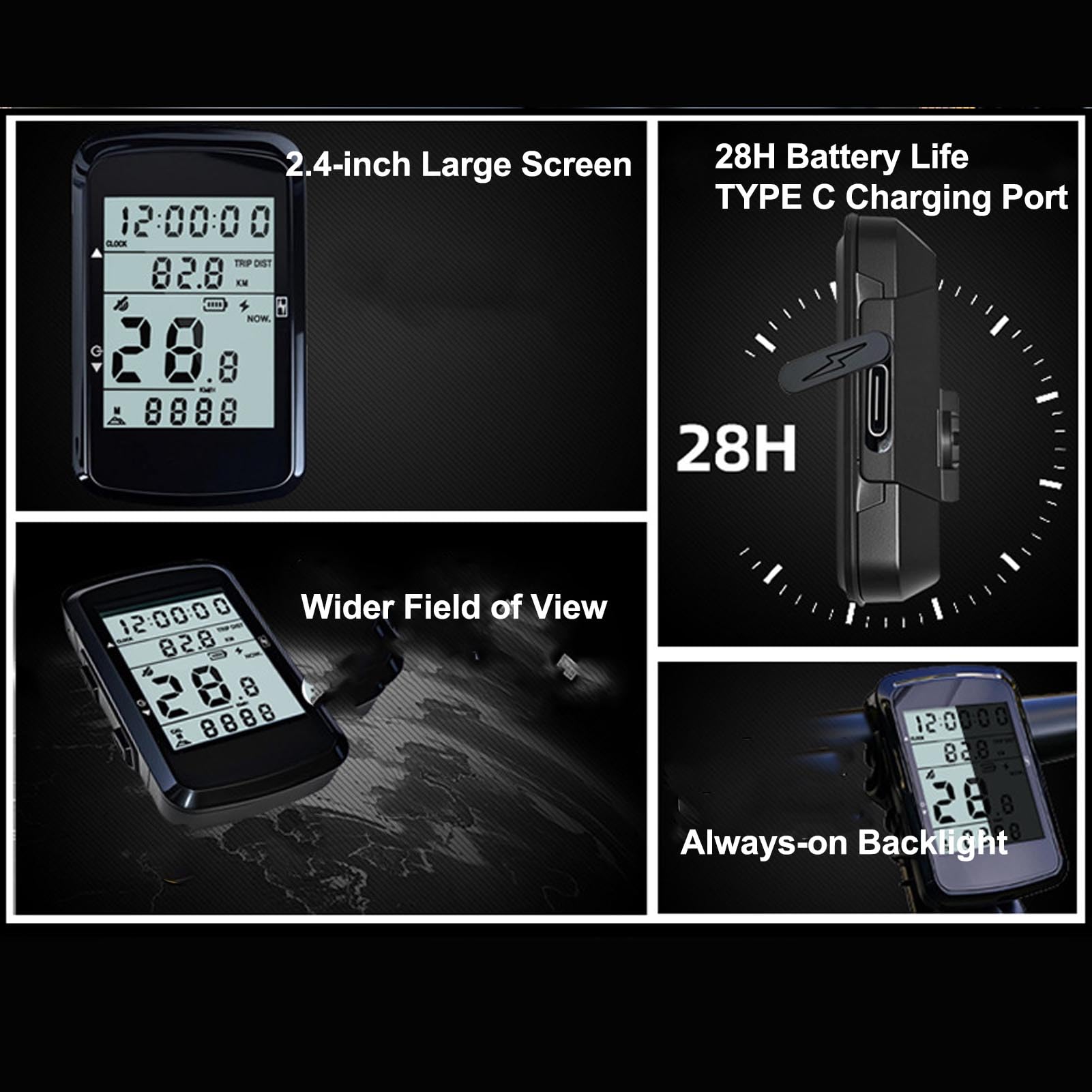 Bewinner Computer da Bici GPS, Computer da Ciclismo Wireless con Retroilluminazione, Display LCD da 2,4 Pollici, Contachilometri Bici Impermeabile, Durata della Batteria di 28 Ore