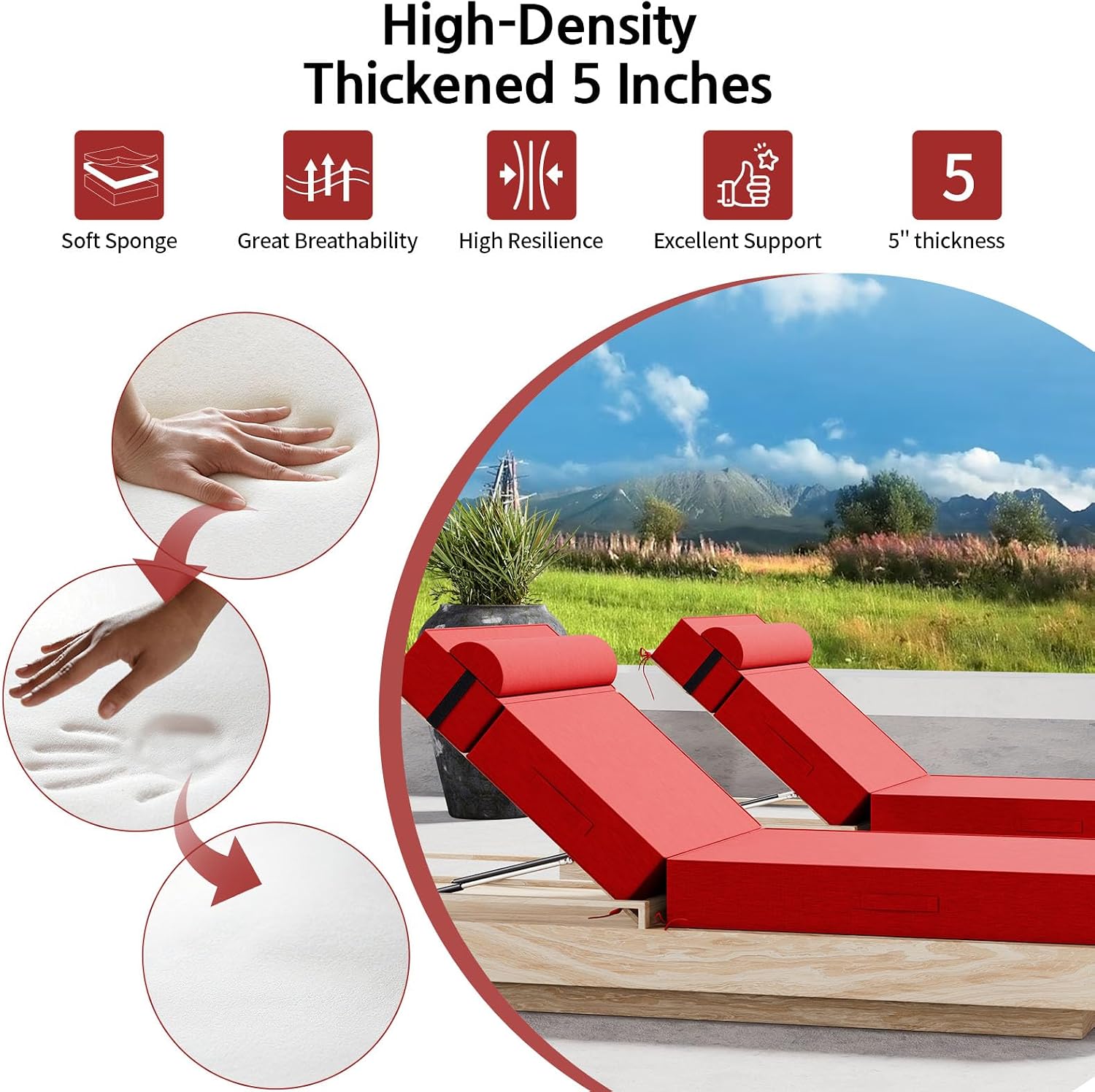 Outdoor Olefin Chaise Lounge Cushions with Pillow, 80"x 26"x5" Water Resistant and Fade Resistant Patio Furniture Lounge Chair Pads with Straps Ideal for Patio, Lawn, Garden, Red