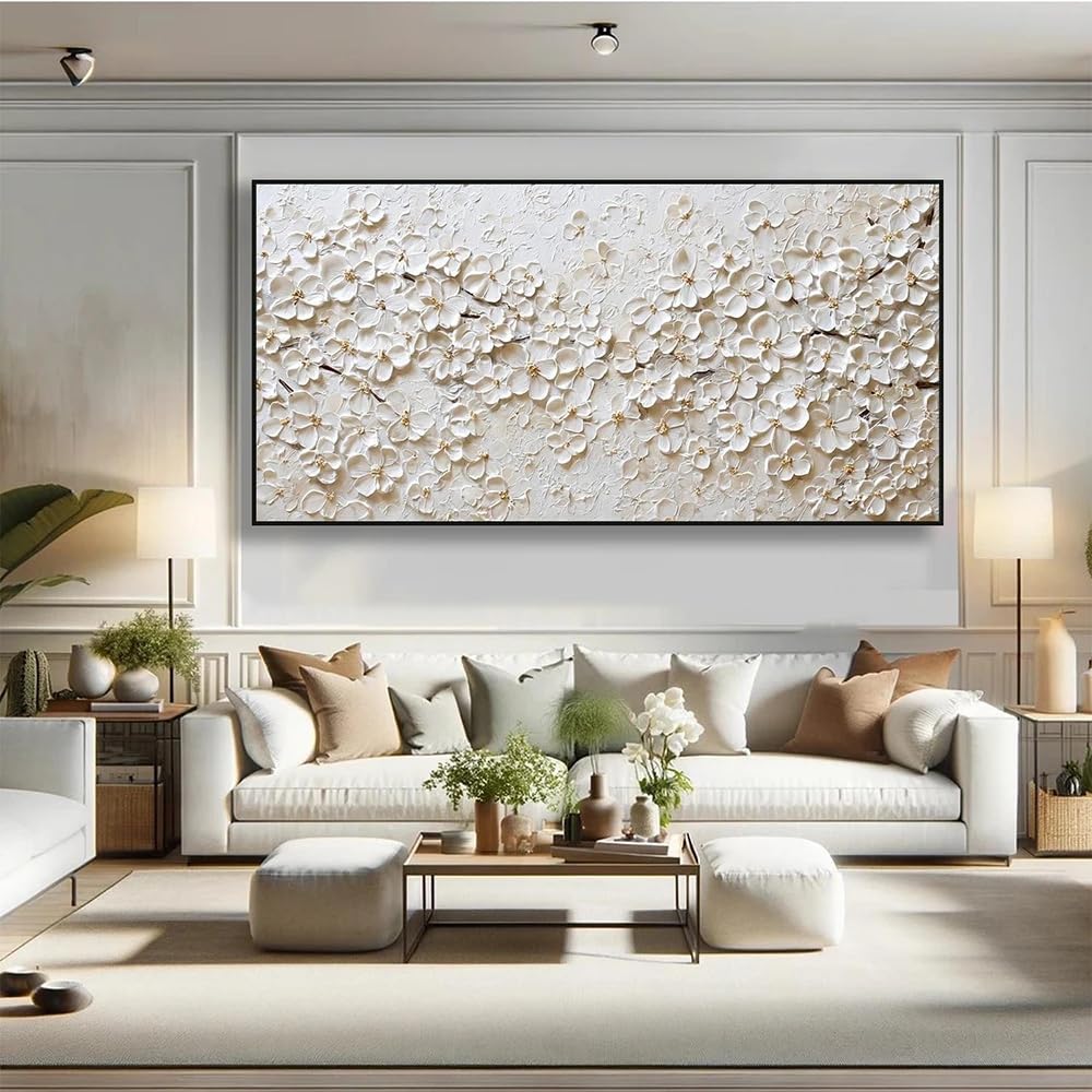 SDVIB Quadro con fiori bianchi su tela, decorazione murale floreale con texture, elegante e neutra, con motivi botanici, moderno (90x180 cm/Senza cornice)