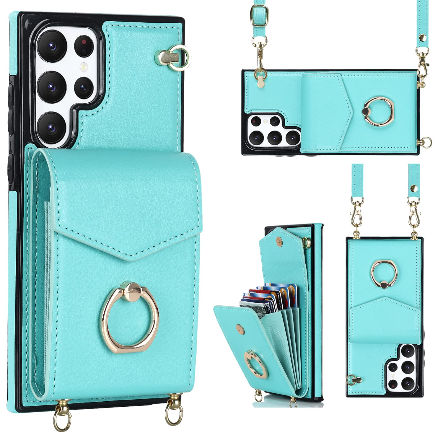 YYTVN for Samsung Galaxy S23 Ultra Case 5G 6.8 inch, Minimalist Wallet Case with Ring Kickstand and Shoulder Strap, Shockproof Stylish Protective