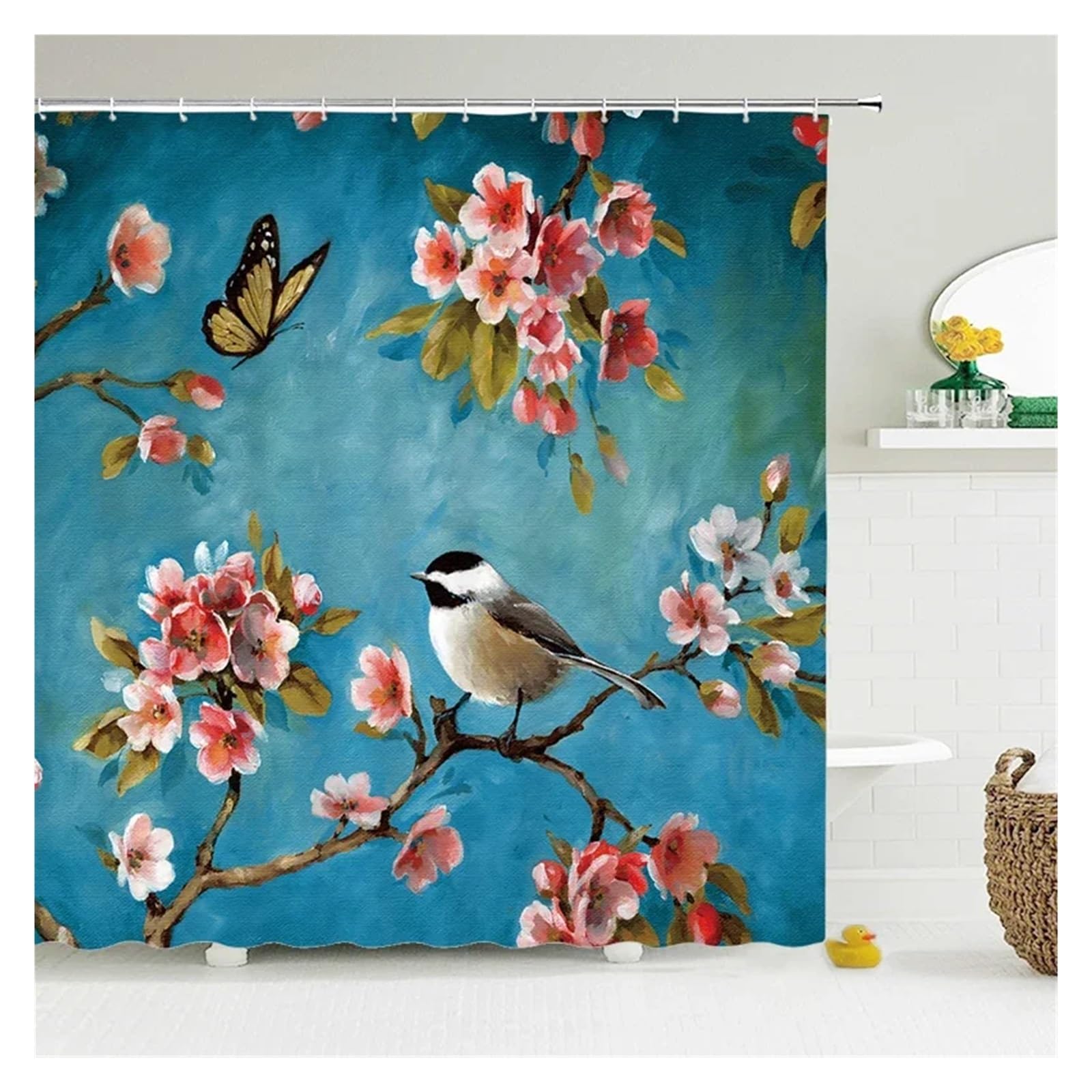 Rideau de douche imperméable tissu imprimé 3d oiseau fleur avec crochets