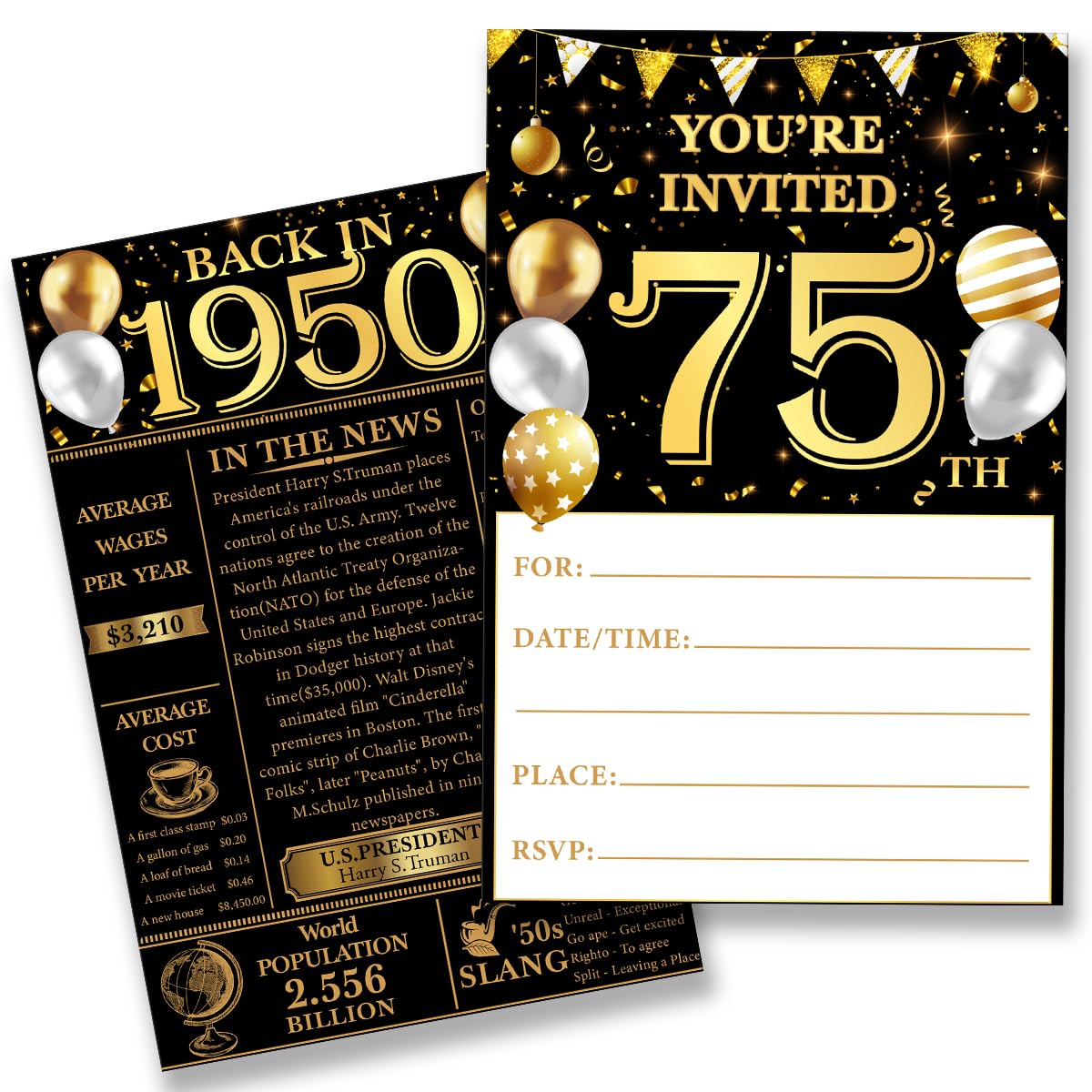 QZJ 75th Birthday Party Invitations for Women Men - Back in 1950 Invites 75 Year Old Party Invitations Set for Birthday Anniversary (20 Invites and Envelopes)
