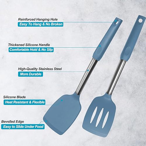 Miniatura 3 de Paquete de 2 espátulas, juego de espátulas de silicona sólida y ranurada, mango de acero inoxidable recubierto con silicona, antiadherente, aleta de