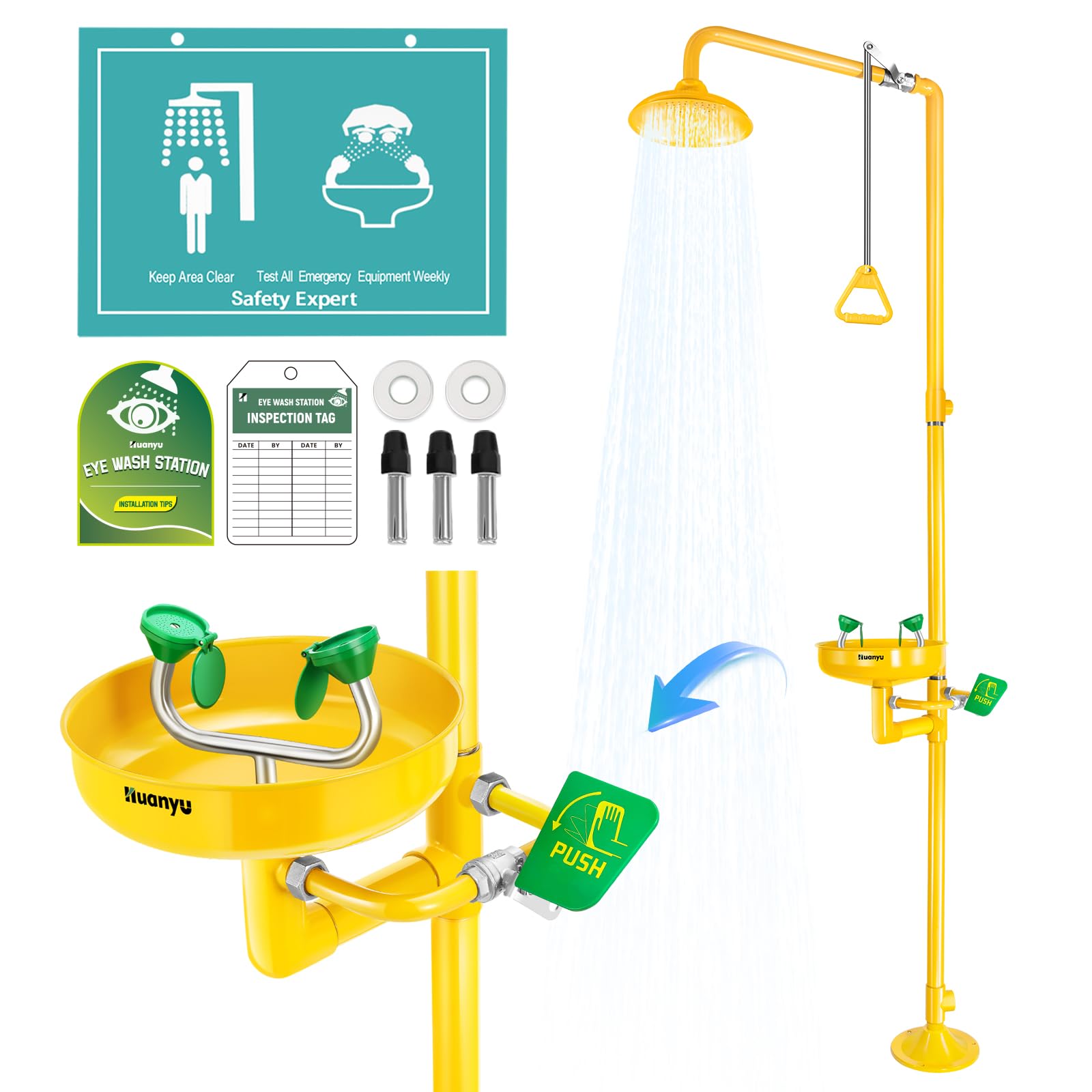 Huanyu Emergency Shower and Eyewash Station Safety Shower Eye Wash Station 304 Stainless Steel Commercial Eye Wash Kit Widened Deepened Basin with