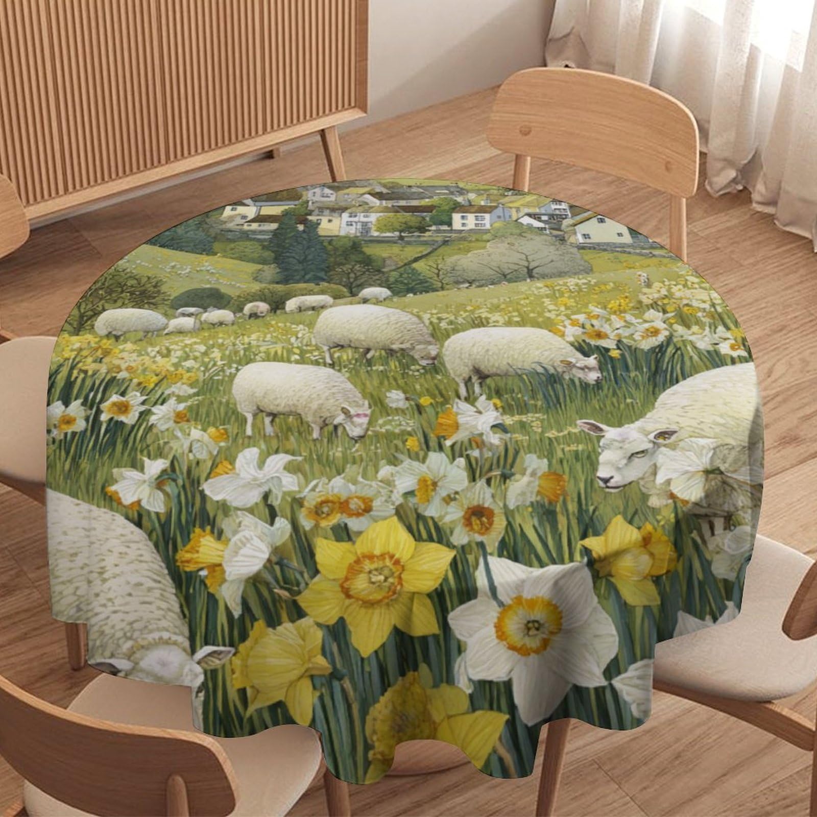 LUYYSKY Rustic Abstract Animals Sheep Round Tablecloth Watercolor Western Spring Farmhouse Daisies Floral Alpaca Washable Decor for Table Cover for Kitchen-152.4" Wx152.4 L cm