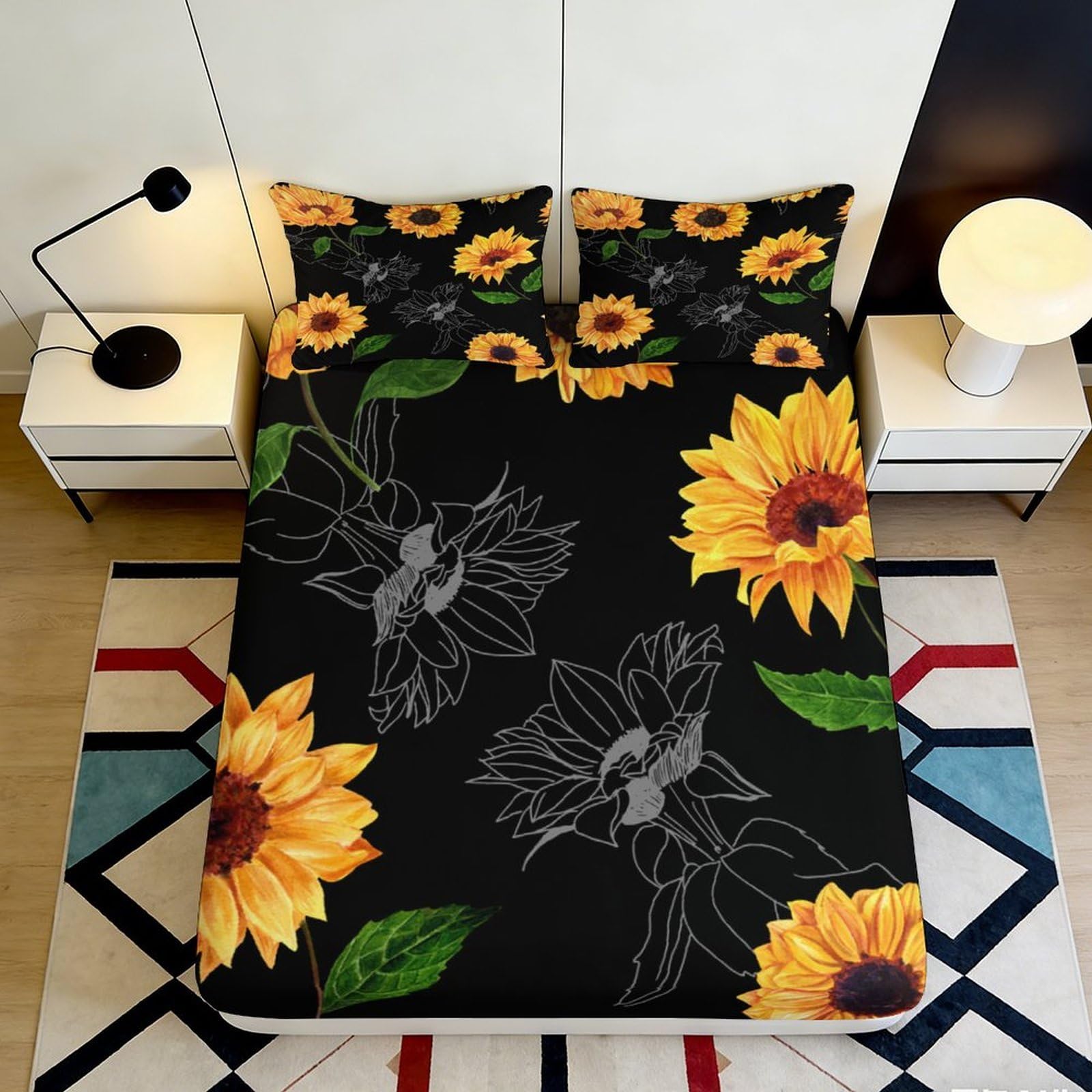 3D Printed Sunflower Blossom Fitted Sheet Microfiber Soft Non Slip Floral Bed Cover for Bedroom Guest Room Decor 160x200x25cm