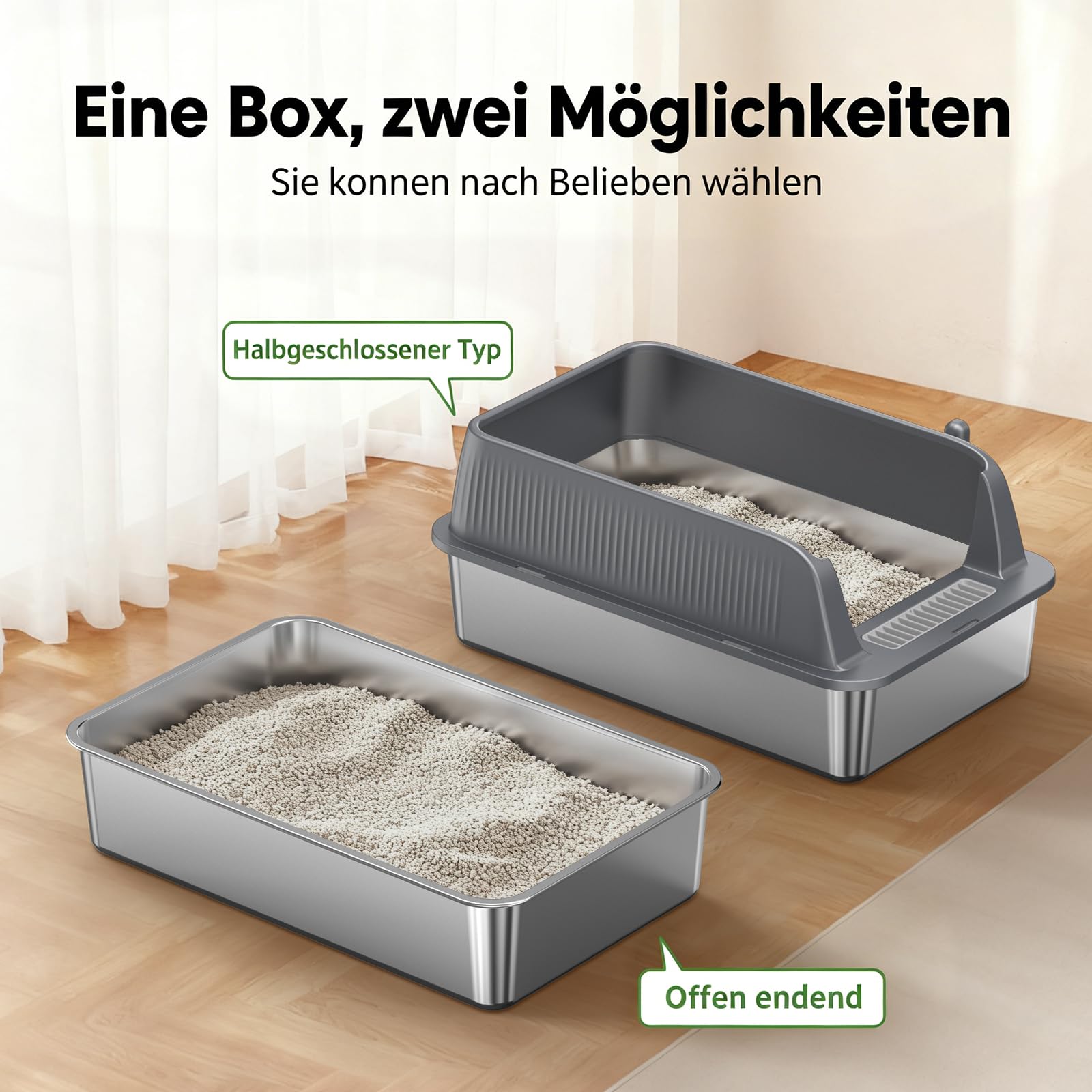 Edelstahl Offene Katzentoilette – extra große Katzentoilette mit hohen Seitenwänden für große Katzen, herausnehmbare Tiefe Wanne, inkl. Schaufel & Einstiegshilfe, Dunkelgrau, 2 Stück