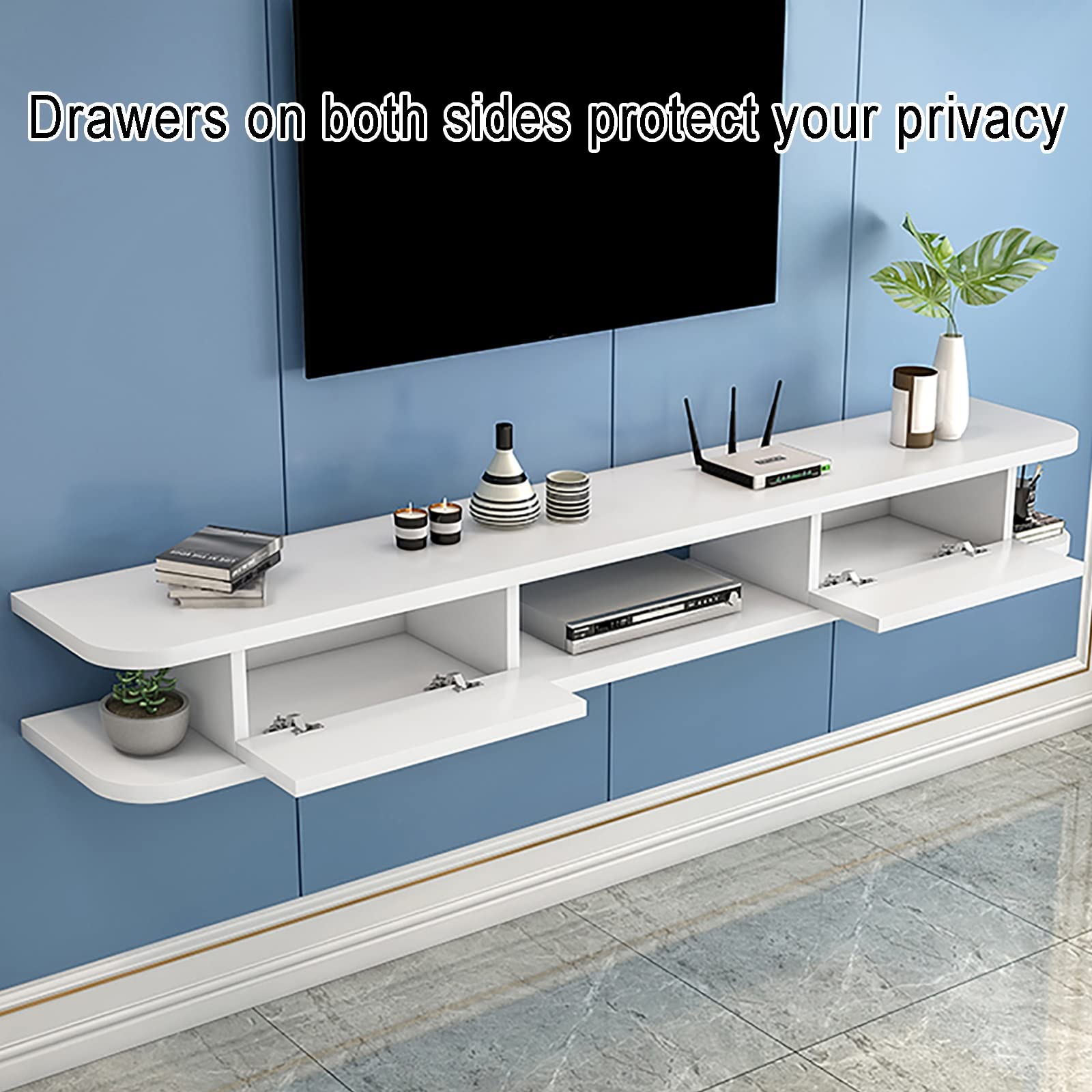 Mensola TV sospesa, Supporto TV sospeso a Parete con cassetto - Elegante mensola da Appendere al Muro per Console Audio/Video, Console di Gioco, decoder e Router.