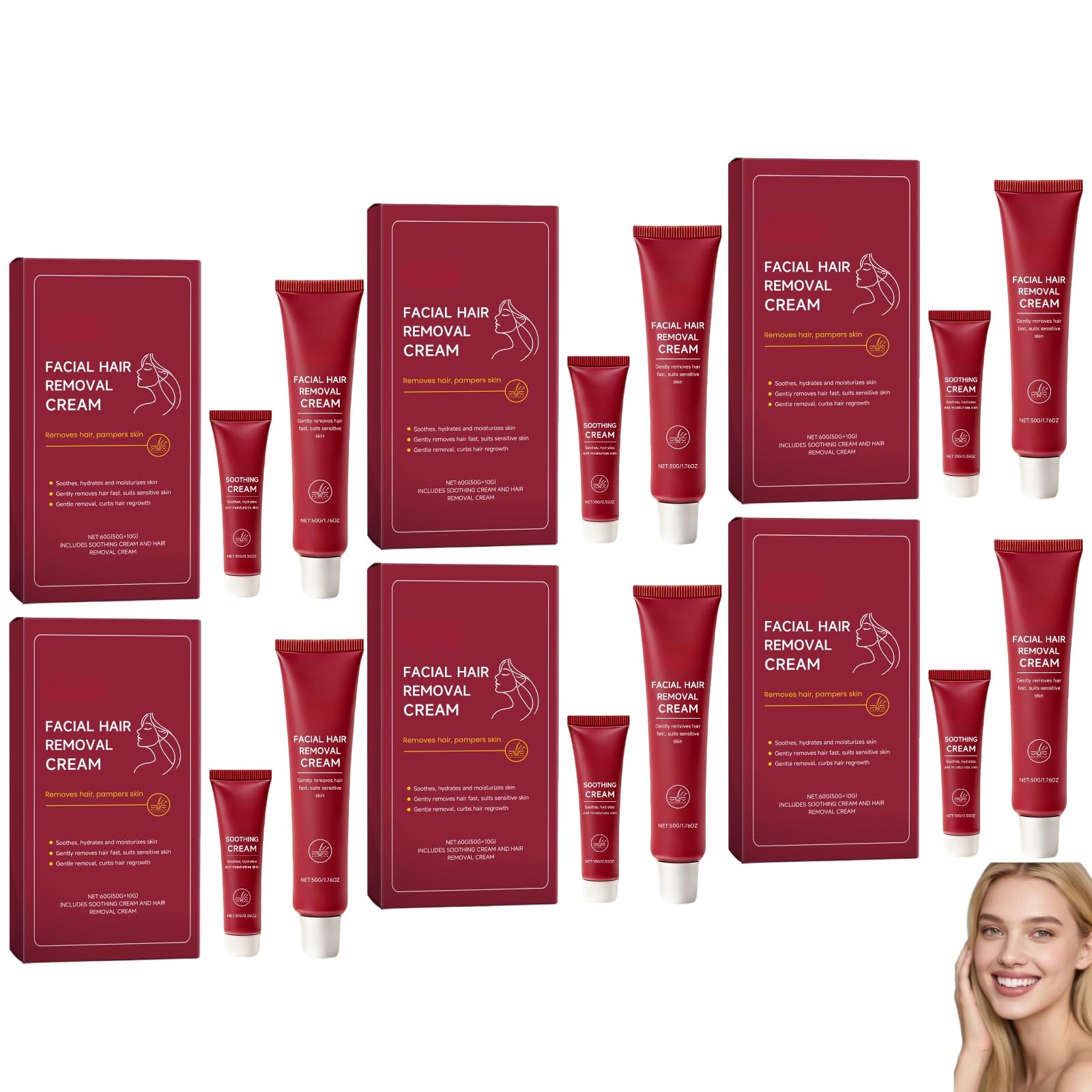 Damski krem do usuwania włosów z kojącym serum, łagodząca, delikatna formuła odpowiednia na podbródek, górną wargę i ulubione (6 szt.)