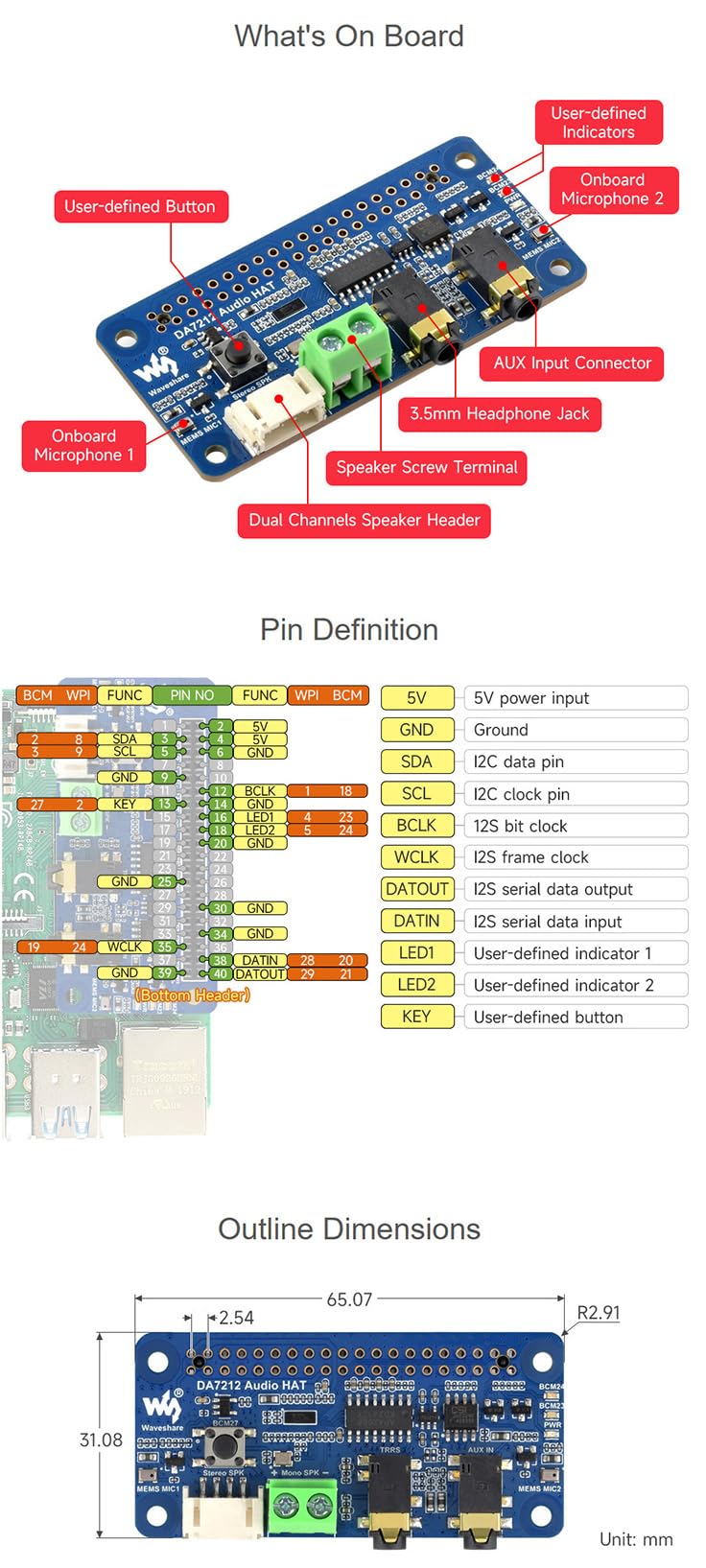 DA7212 I2S Audio Board Stereo Codec for Raspberry Pi, 96kHz 24-bit High Definition Audio, Onboard Dual Microphones, 3.5mm Jack & AUX Input, Speaker Terminal for Audio Recording and Playback HAT