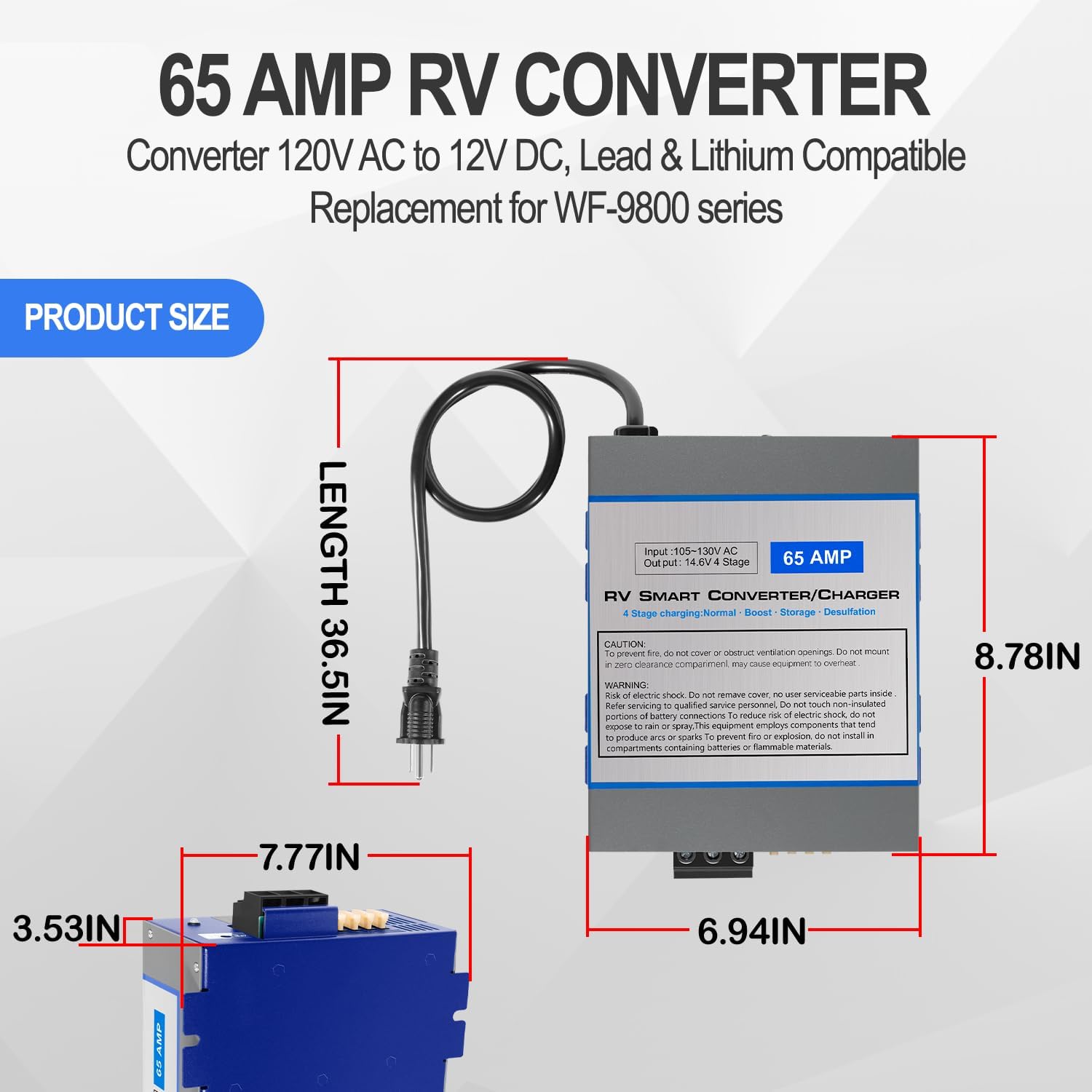 65 Amp RV Converter 120V AC to 12V DC, Lead & Lithium Compatible, 65Amp RV Power Converter Battery Charger with Built-in 4 Stage Smart Charging, Replacement for WF-9800 Series