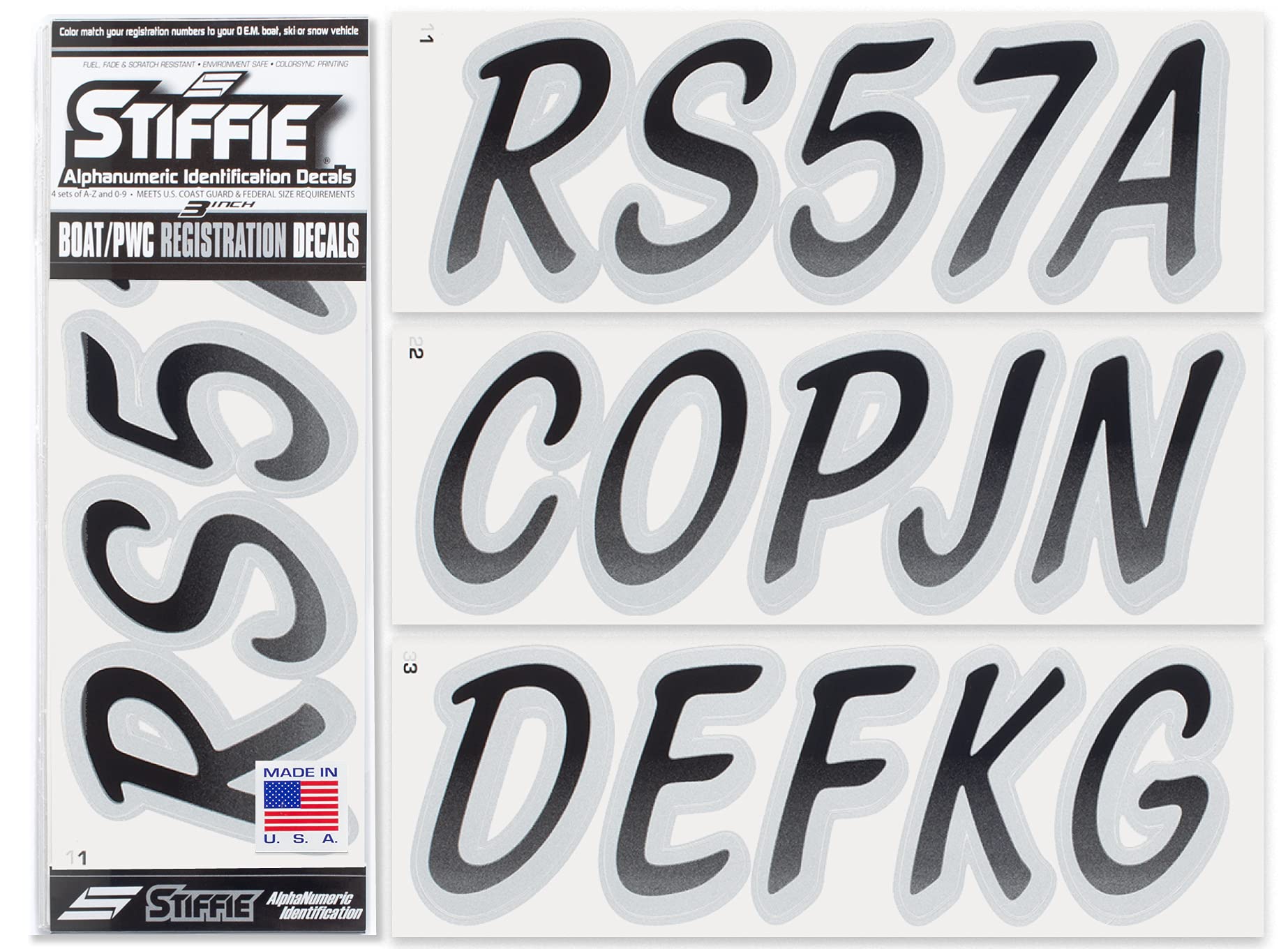 STIFFIE Whipline Black/Silver 3" Boat &amp; PWC Registration Decals • Numbers Letters Stickers