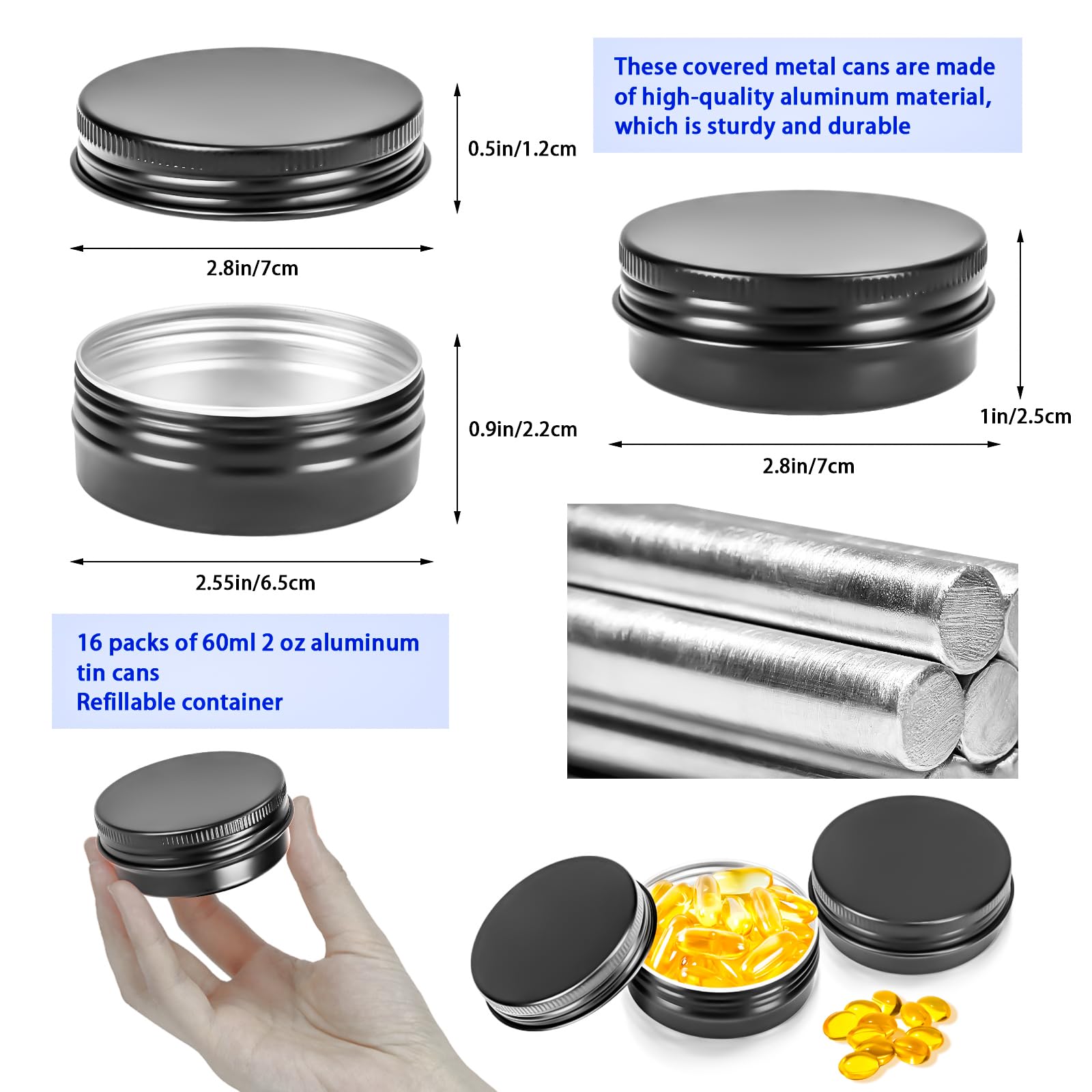 Paquete de 16 tarros de aluminio recargables de 2 onzas, recipientes redondos de aluminio con tapa para bálsamo labial, velas de crema de bálsamo labial, 60 ml, color negro