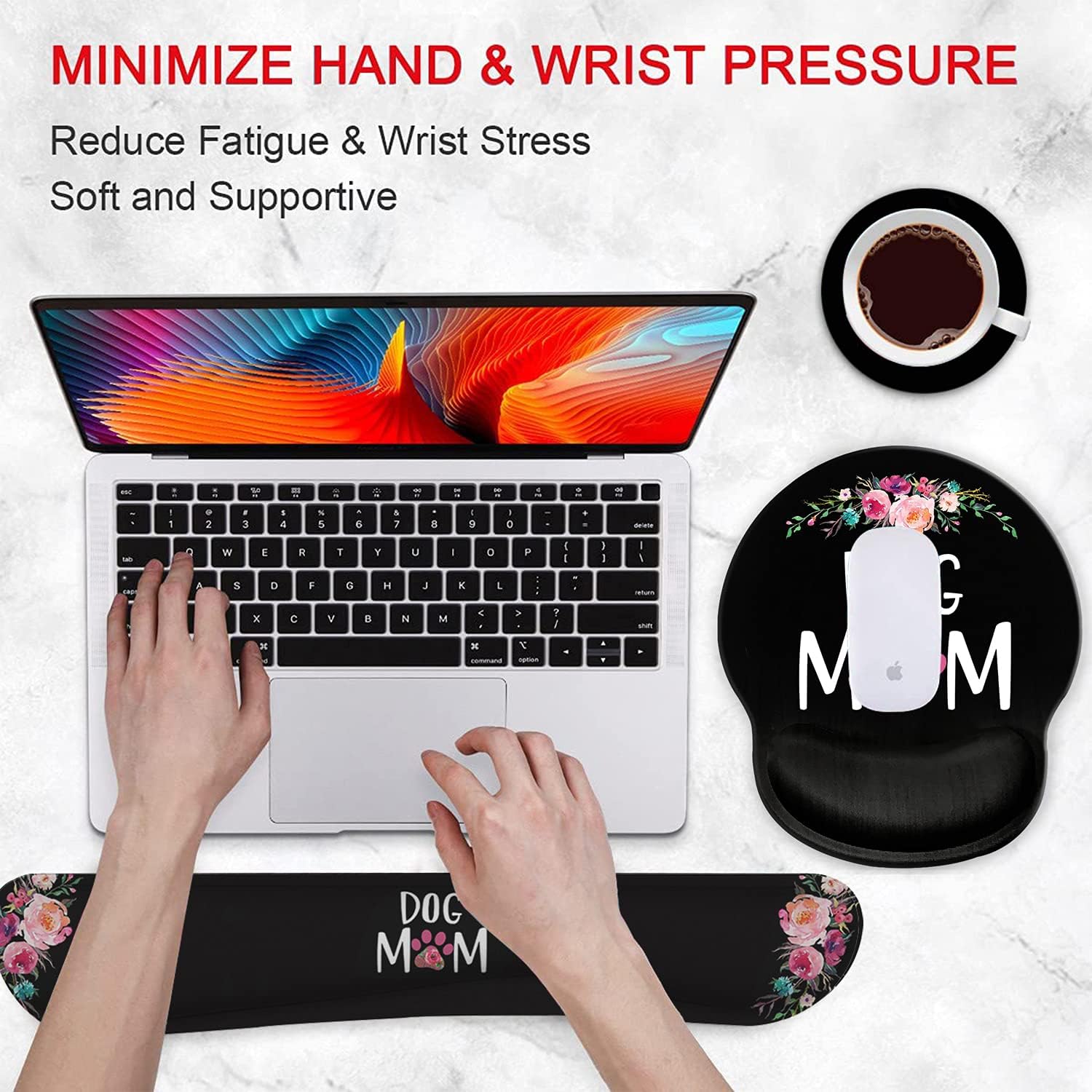 Ergonomic Mouse Pad Wrist Support Gel and Keyboard Wrist Rest Set for Laptop, Mac, Gaming and Office, Durable, Comfortable and Pain Relief + Coaster, Dog Mom Floral Design