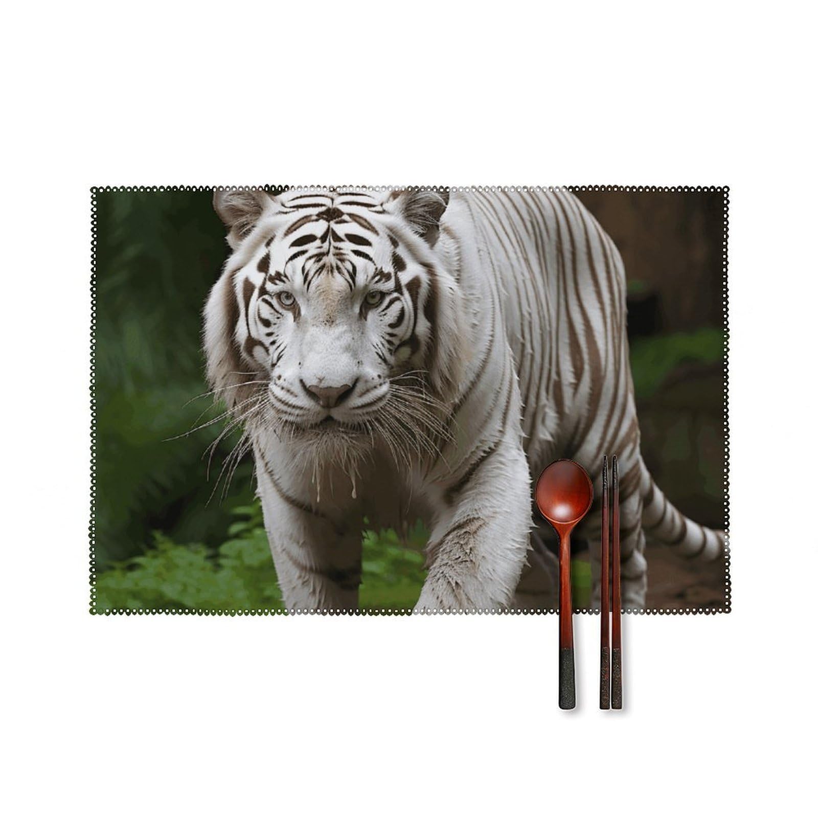 Majestic White Bengal Tiger Placemats Set of 6, 12x18 Inch Heat Resistant Washable Canvas Table Mats, Stain Resistant Decorative Dining Placemats for Kitchen, Restaurant, Outdoor Party